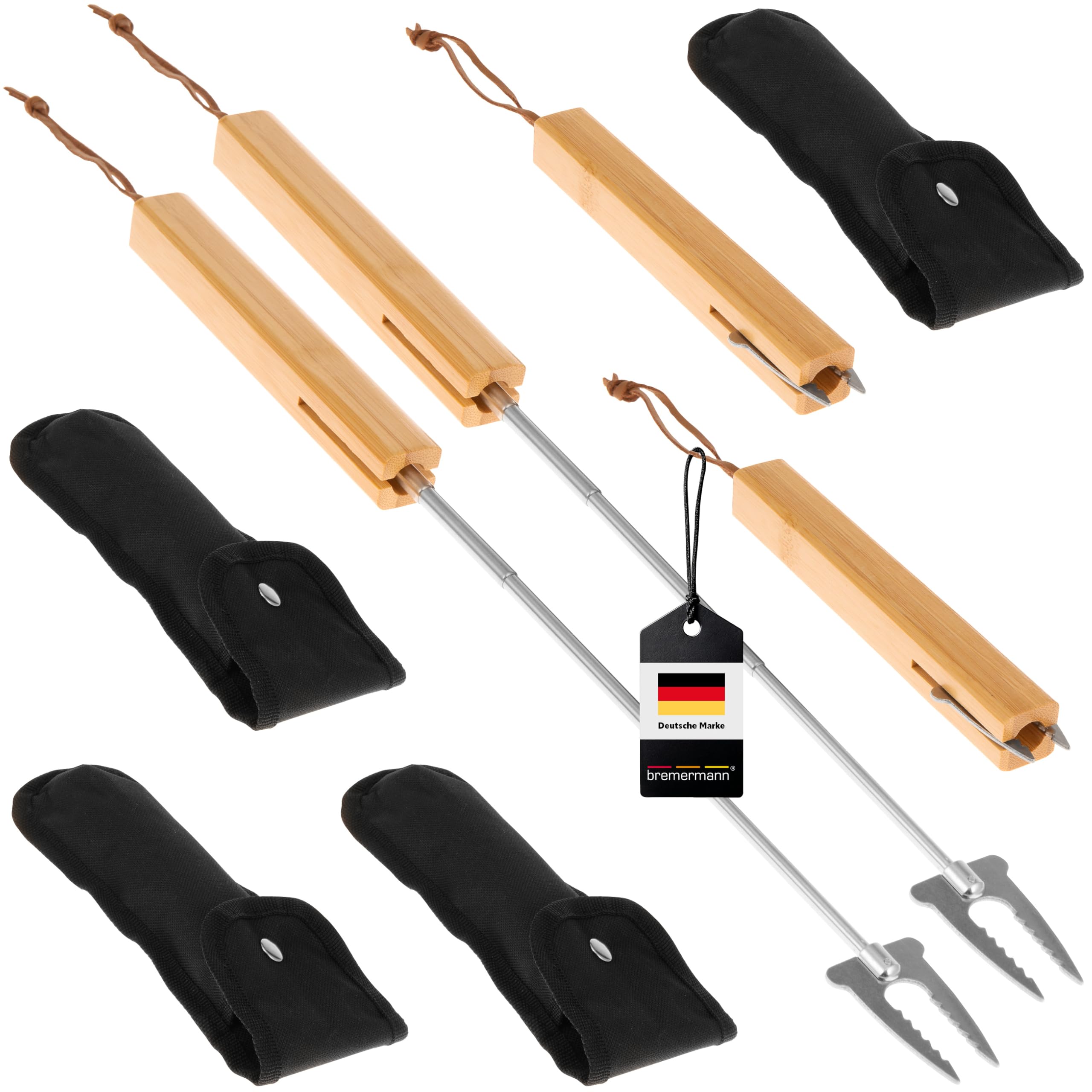 bremermann Teleskop-Grillgabel 2er Set // inkl. Tasche // Edelstahl & Bambus // ausziehbar für Marshmallow und Würstchen (4)