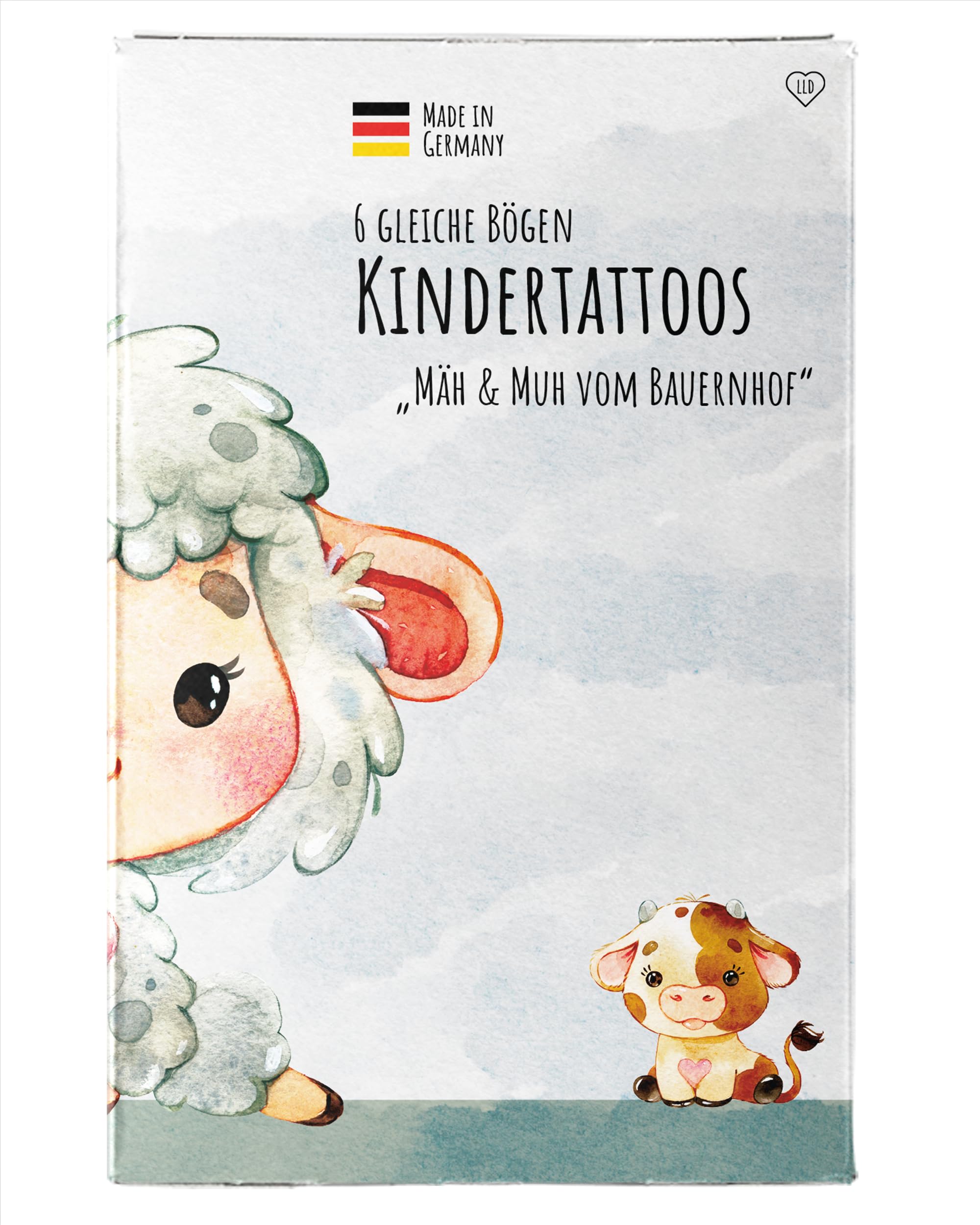 Besonders hautfreundliche Kindertattoos "Mäh & Muh vom Bauernhof", Klebetattoos Tiere, Kindergeburtstag Waldtiere, 6 gleiche Bögen