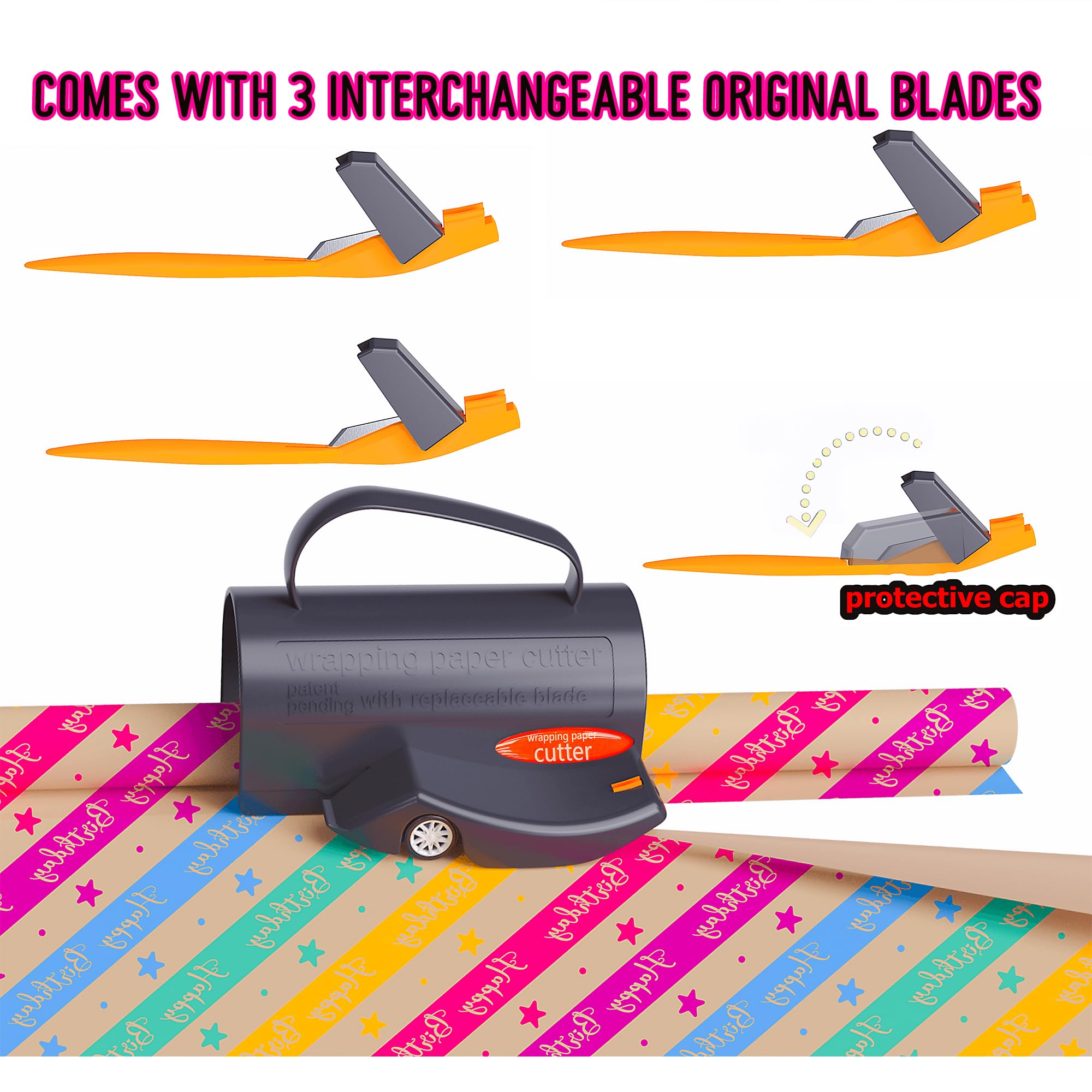 Coupe Papier Cadeau Rouleau,1 Pièces Coupe Papier D'emballage, avec 3 jeux de lames interchangeables,Wrapping Paper Gift Wrap Cutter, Pour les anniversaires, Noël et toutes sortes de fêtes