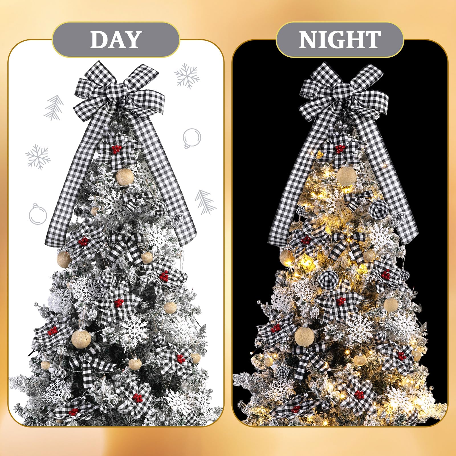 Lyrow Lot de 94 décorations de sapin de Noël à carreaux de buffle - Décorations de Noël - Fleurs poinsettia - Baies pour Noël, vacances, mariage (noir et blanc)