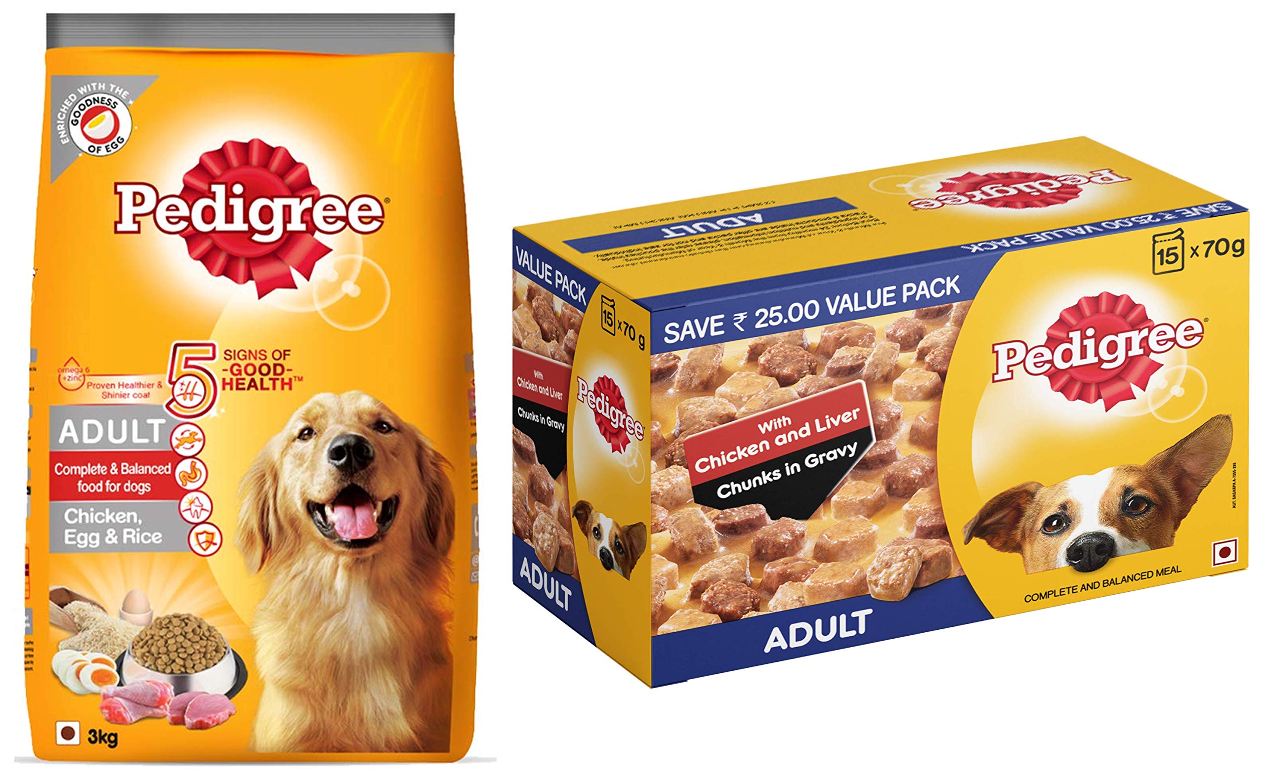 Pedigree Adult Dry Dog Food, (High Protein Variant) Chicken, Egg & Rice, 3kg Pack & Adult Wet Dog Food, Chicken & Liver Chunks in Gravy, 70 g (Pack of 15)