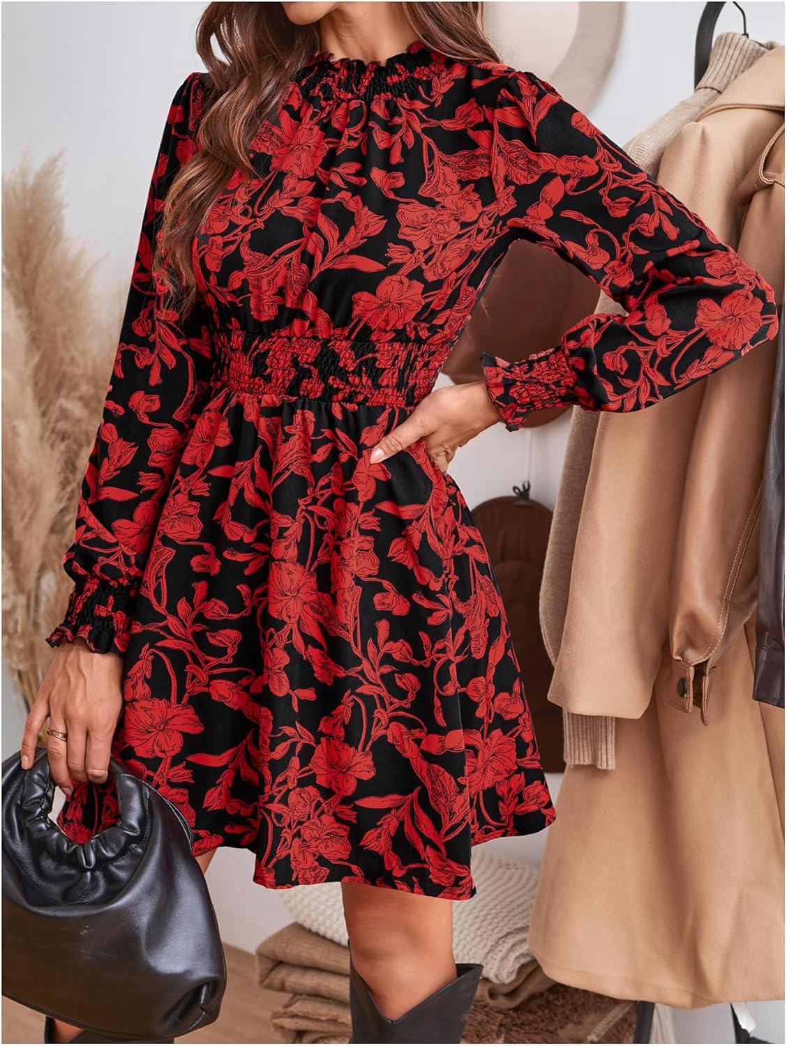 MakeMeChic Women's Floral Print Long Sleeve Mock Neck Shirred A Line Casual Short Mini Dress - Image 4