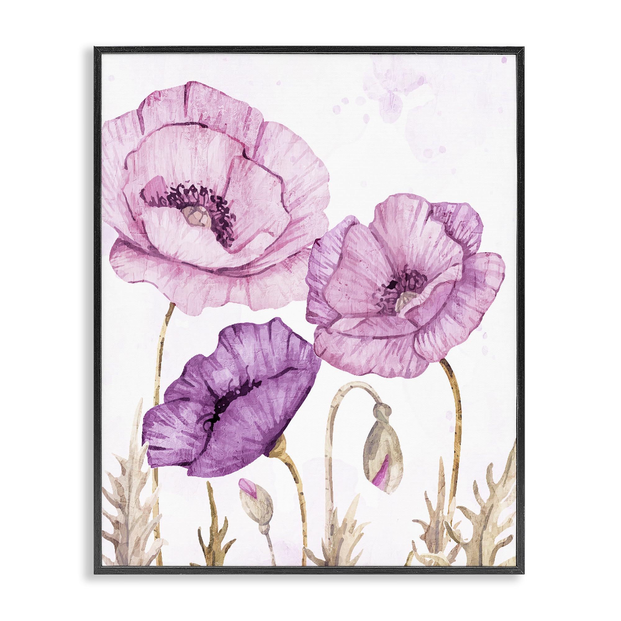 Stupell Industries Midnight Black (Textured) Bright Purple Poppies Floral, 24 X 30 Inch Framed Giclée Print