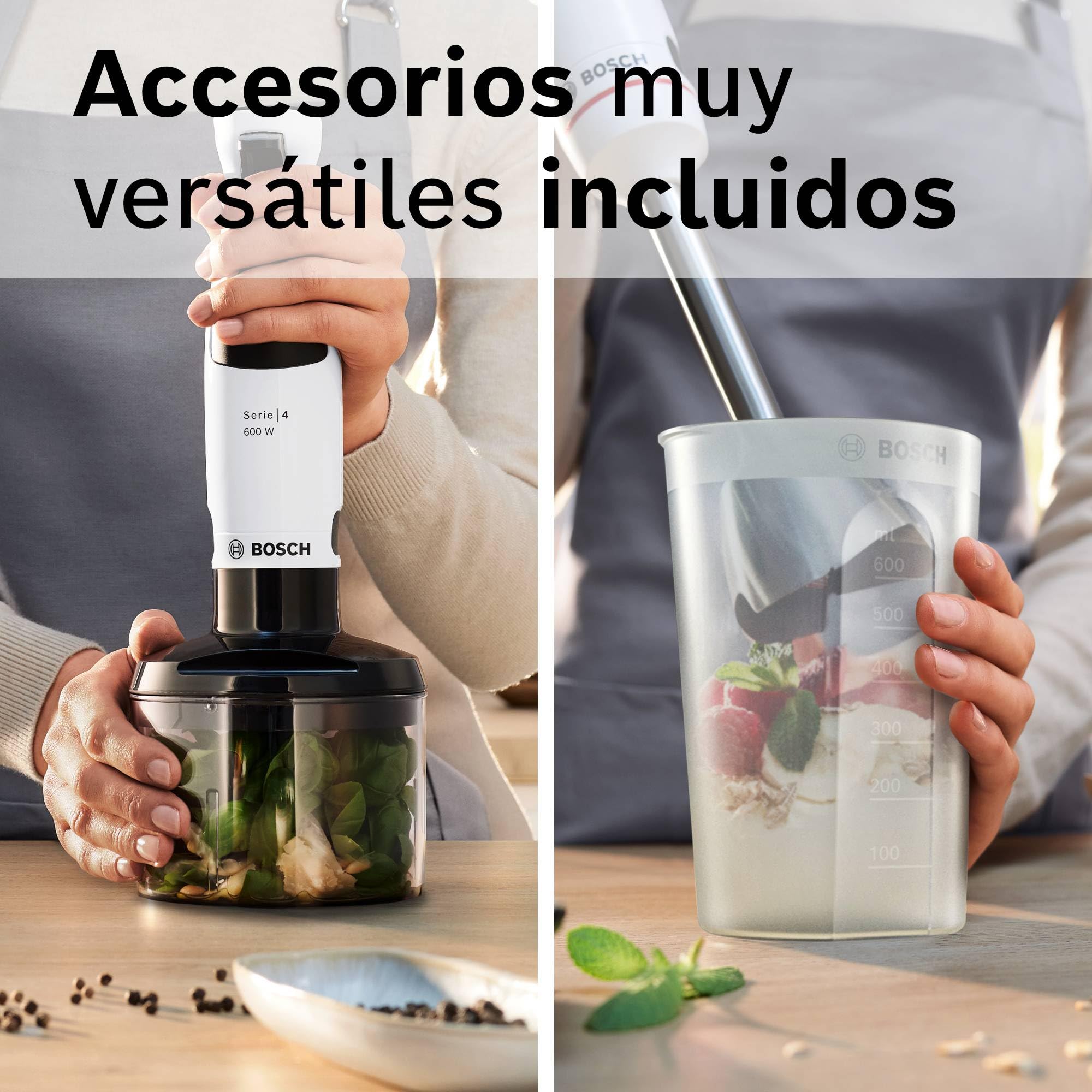 Bosch - Batidora de mano ErgoMaster Serie 4, 600 W, Control de velocidad con una mano, Cuchillas QuattroBlade, Vaso medidor incluido, Blanco, MSM4W220