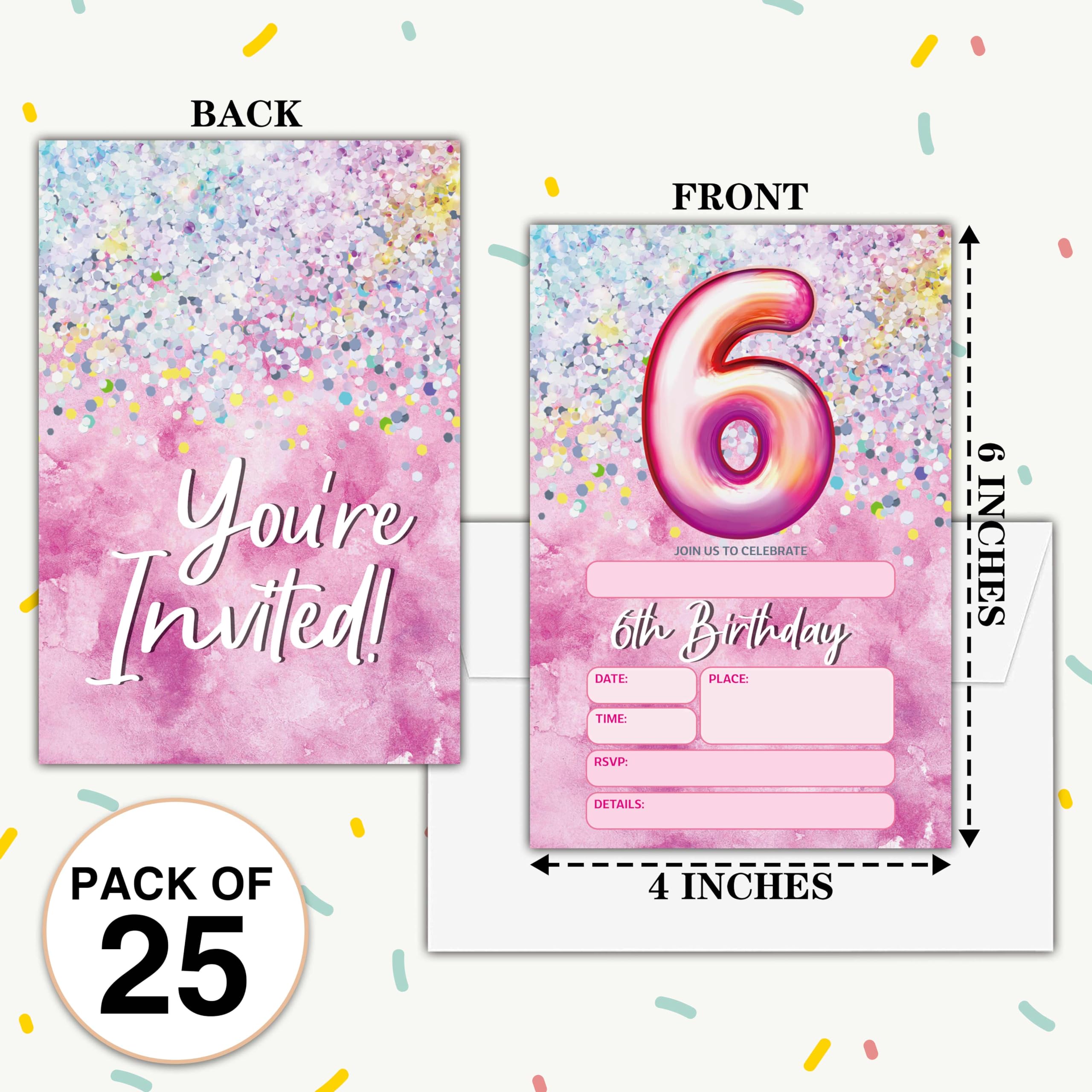 Birthday Invitations - Pink 6th Birthday Invites with Envelopes(25-Count) - Rainbow Foil Fill-in Party Invite Cards for Girls Kids Party Supplies Favors Decorations - A20
