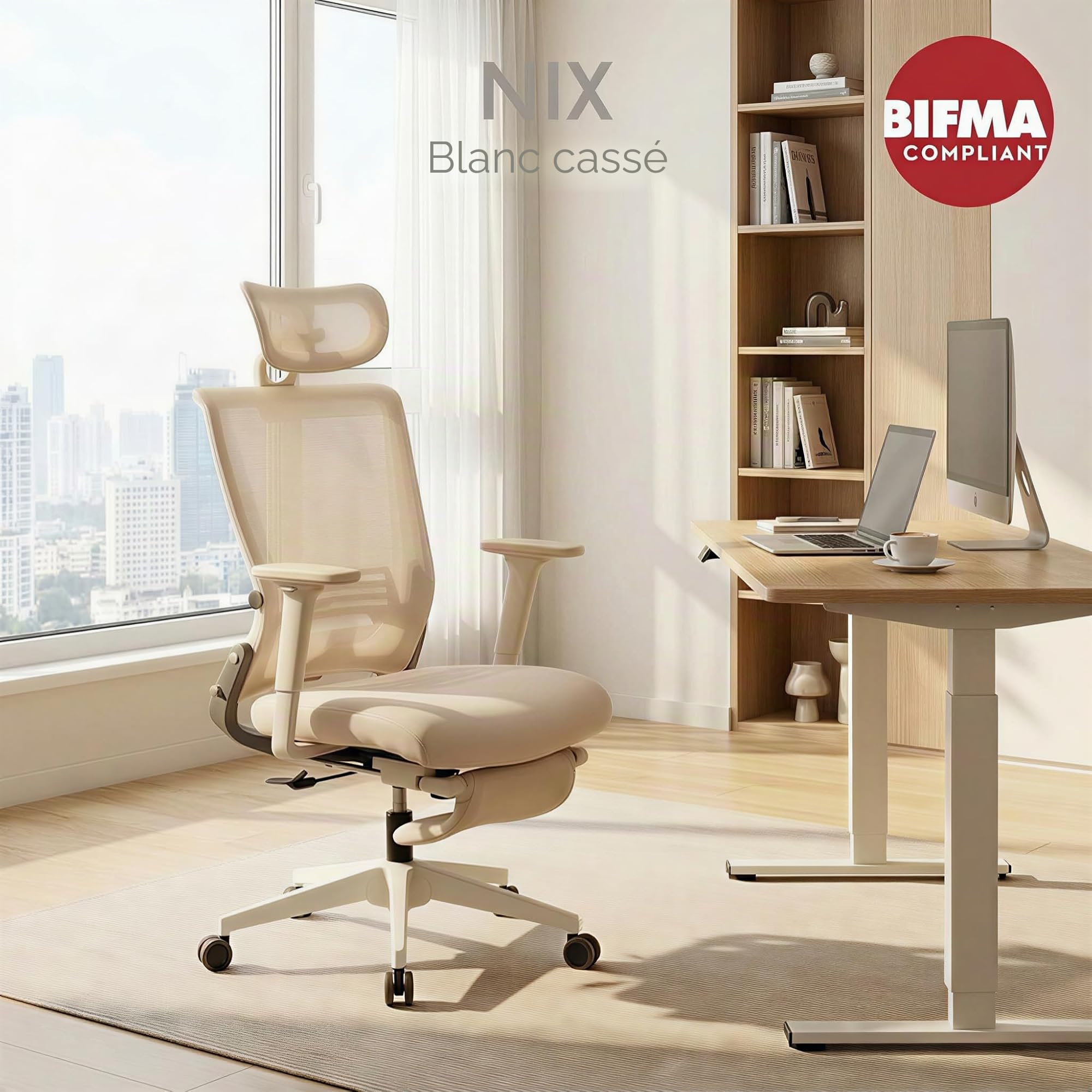 FLEXISPOT Foldex Chaise Bureau Pliante, Chaise Ergonomique avec Support Lombaire, Accoudoirs Réglables en Hauteur, Appui-Tête 2D, Chaises de Bureau avec Repose-Pieds, Beige