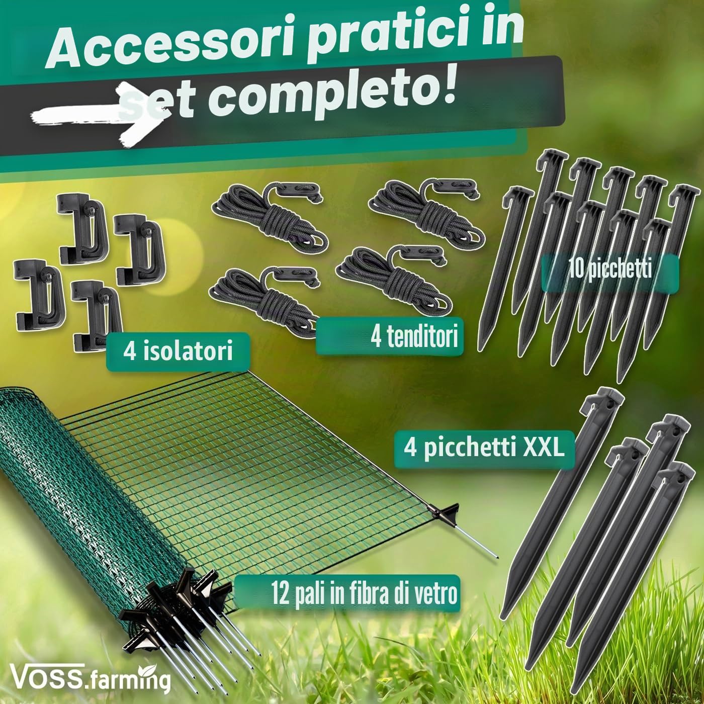 VOSS.farming Rete perimetrale Classic Premium, Altezza 80 cm e Lunghezza 20 m, con 12 Pali in Fibra di Vetro, Colore Verde, Uso Universale