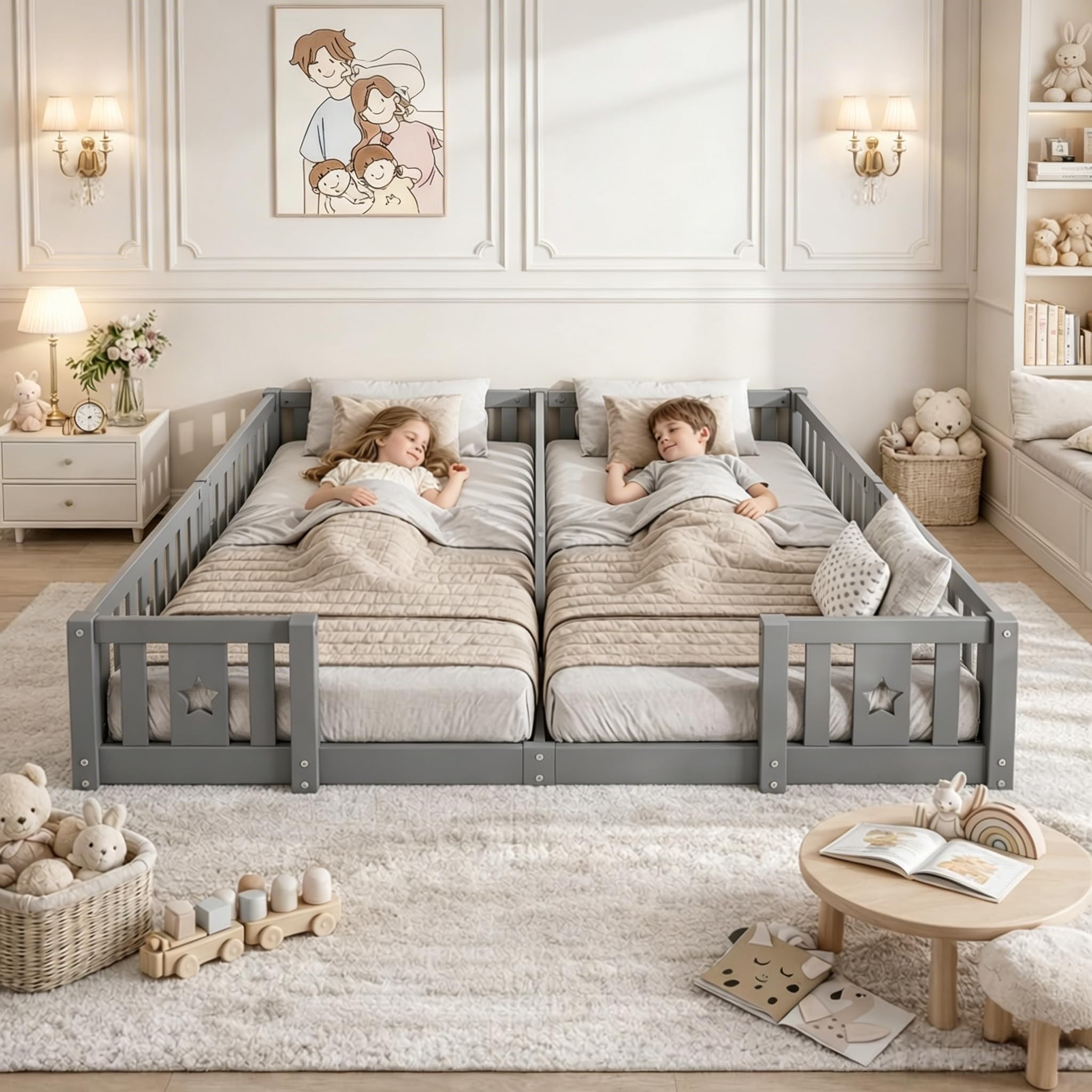 Cama Montessori Doble 2x90x200 para Niños, Cama Infantil con Barandillas de Seguridad, Cama Suelo de Madera, Cama para Hermanos para Dormitorio Infantil, Sin Listones, Gris