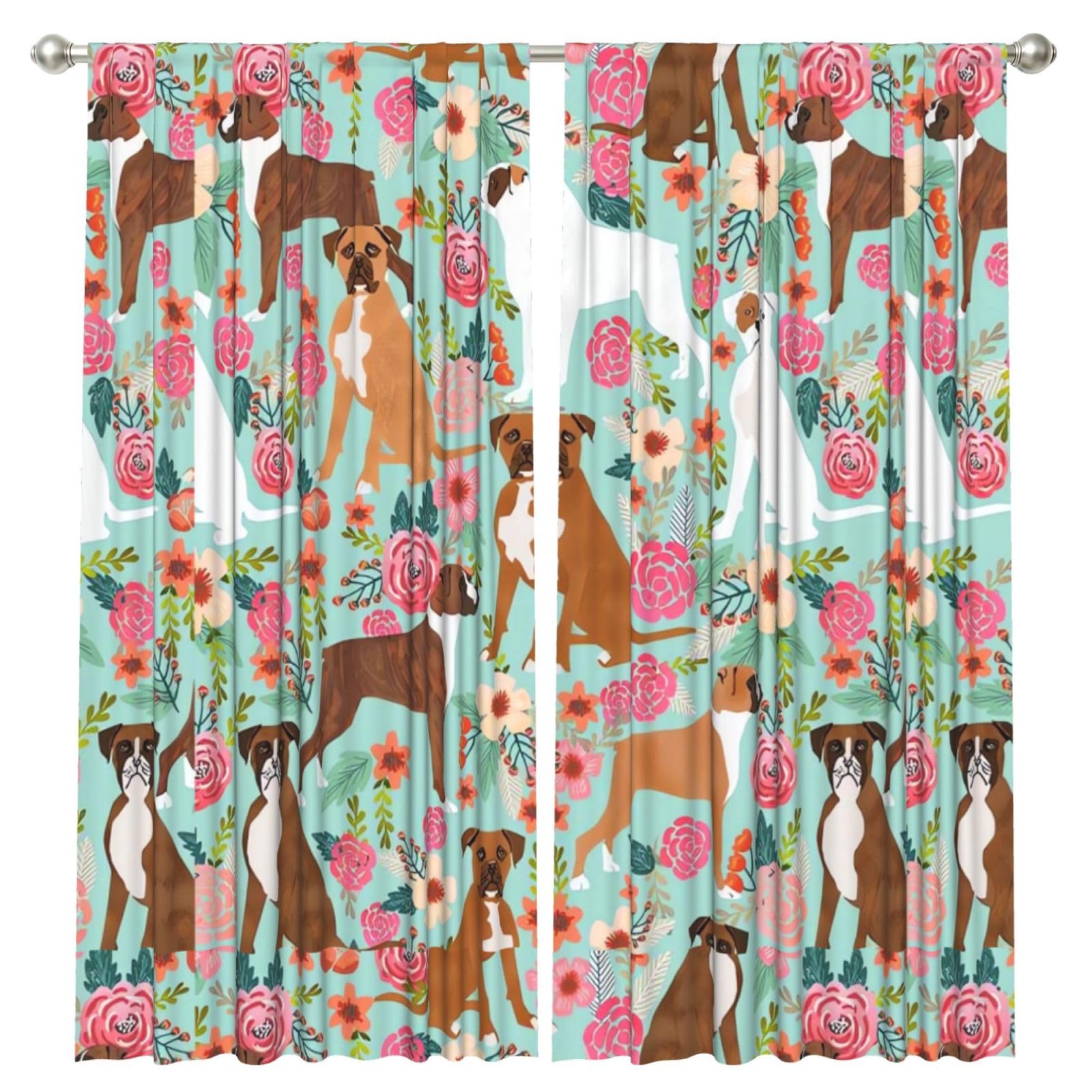 InOmak Boxer Dog Flowers Florals Mint Cute Flowers, 2 Panels Window Curtains 52 x 84 Inch Blackout Curtains for Living Room Bedroom
