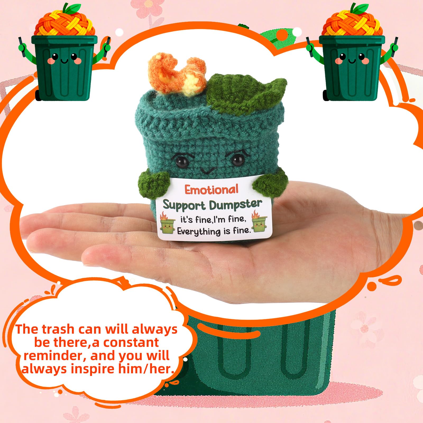 TOYMIS Crochet Trash Can, Adorable Knitted Positive Trash Can with Inspirational Card Funny Positive Doll for Encouragement & Accompany - Image 3