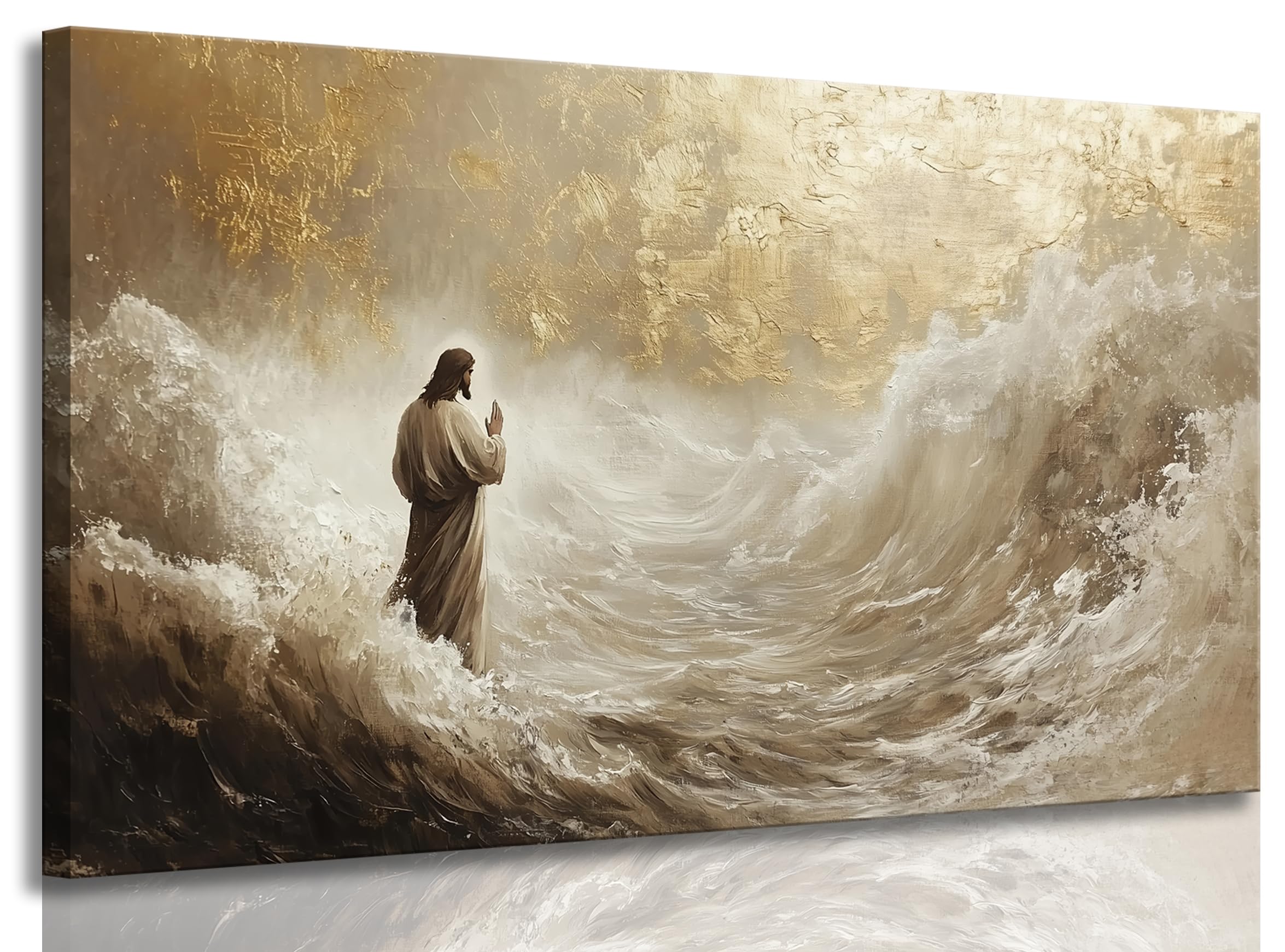 Jesus Walking on Water Canvas Wall Art Christian Walking With God Paintings Pictures Wall Decor Religious Bible Stories Printing Artwork for Living Room Bedroom Church Home Decoration Ready To Hang