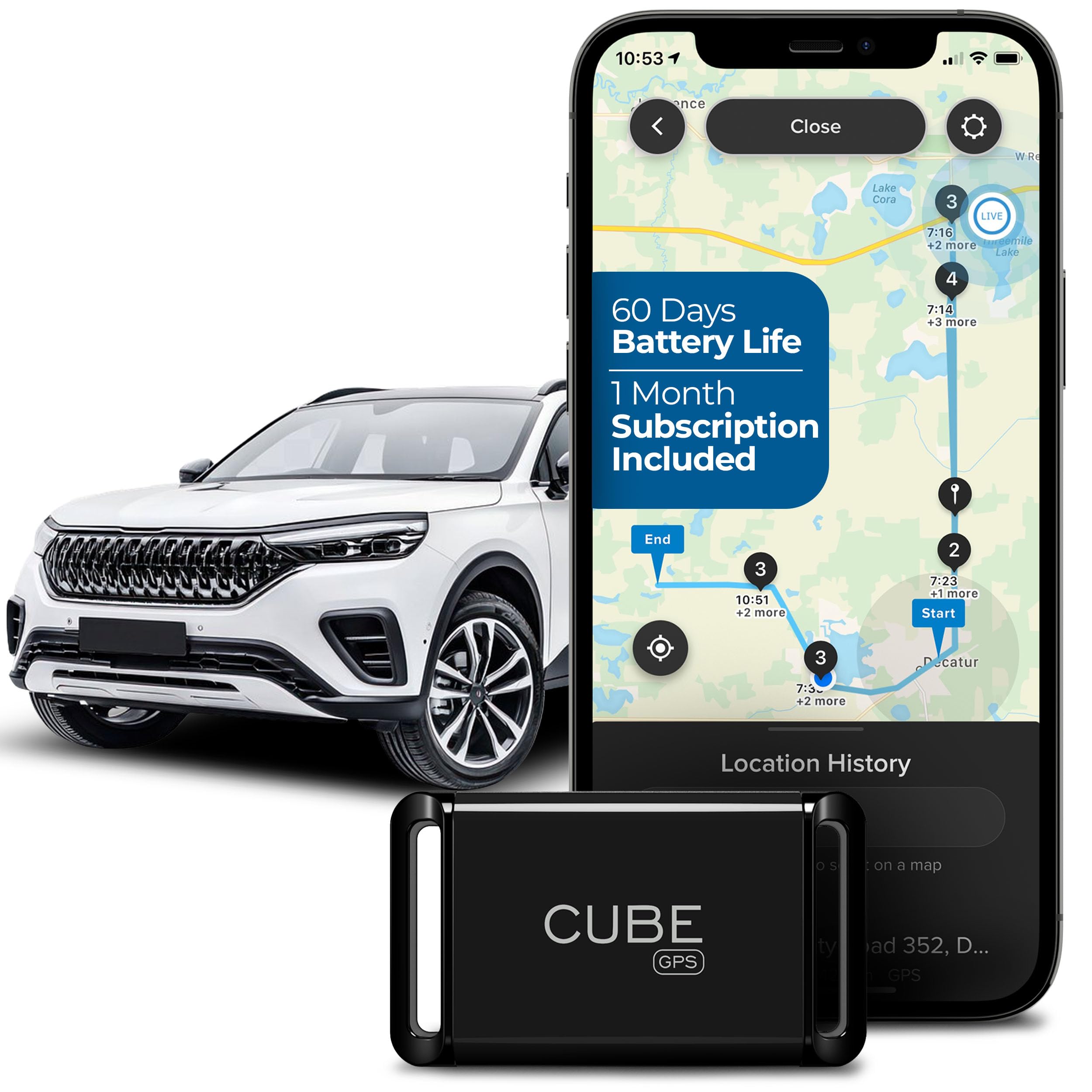Cube GPS Tracker for Vehicles Assets Kids, Mini GPS Trackers for Dogs, Car Tracker Device: Real Time Worldwide Location SOS Pings Geo-Fencing + Rechargeable Battery Requires Subscription