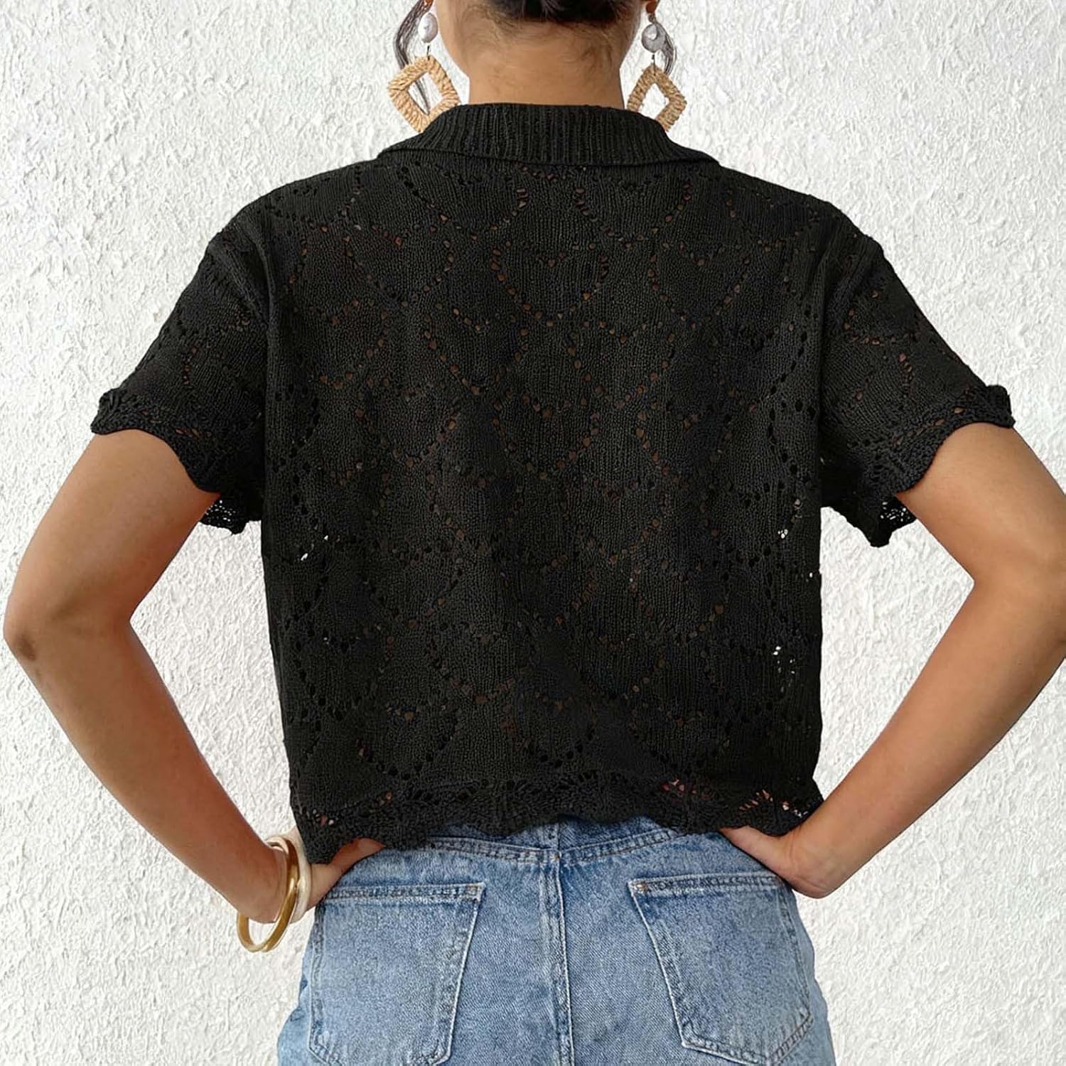 Women Crochet Knit Short Sleeve Tops Summer Lightweight Button Sweater Hollow Out Knitted Cropped Shirts