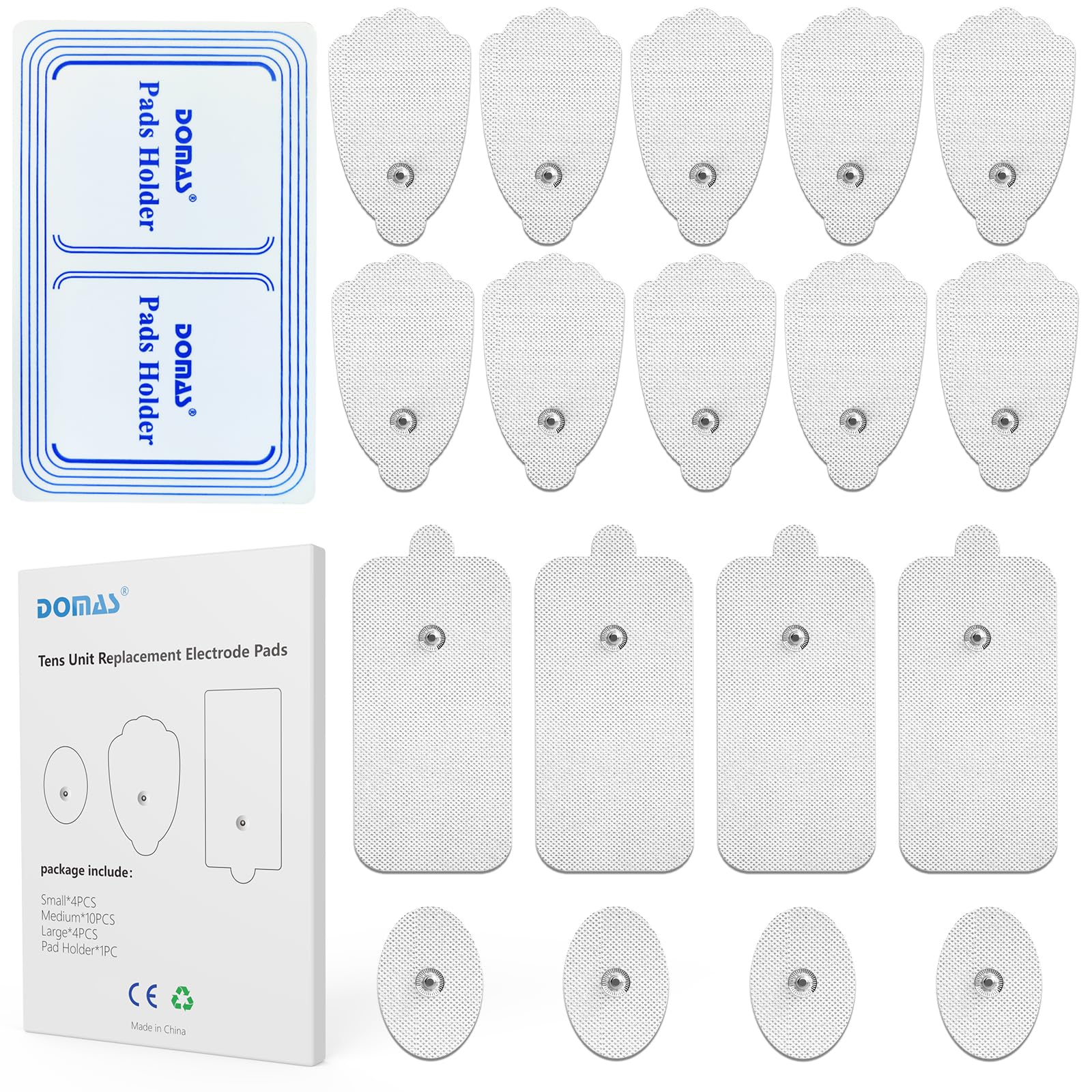 Domas 18 Pack TENS Unit Replacement Pads Reuse 50 Times, Multi-Size Tens Unit Electrode Pads Certificated Latex-Free, Snap Electrode Pads for Tens Unit with Standard 3.5mm snap-on Connector