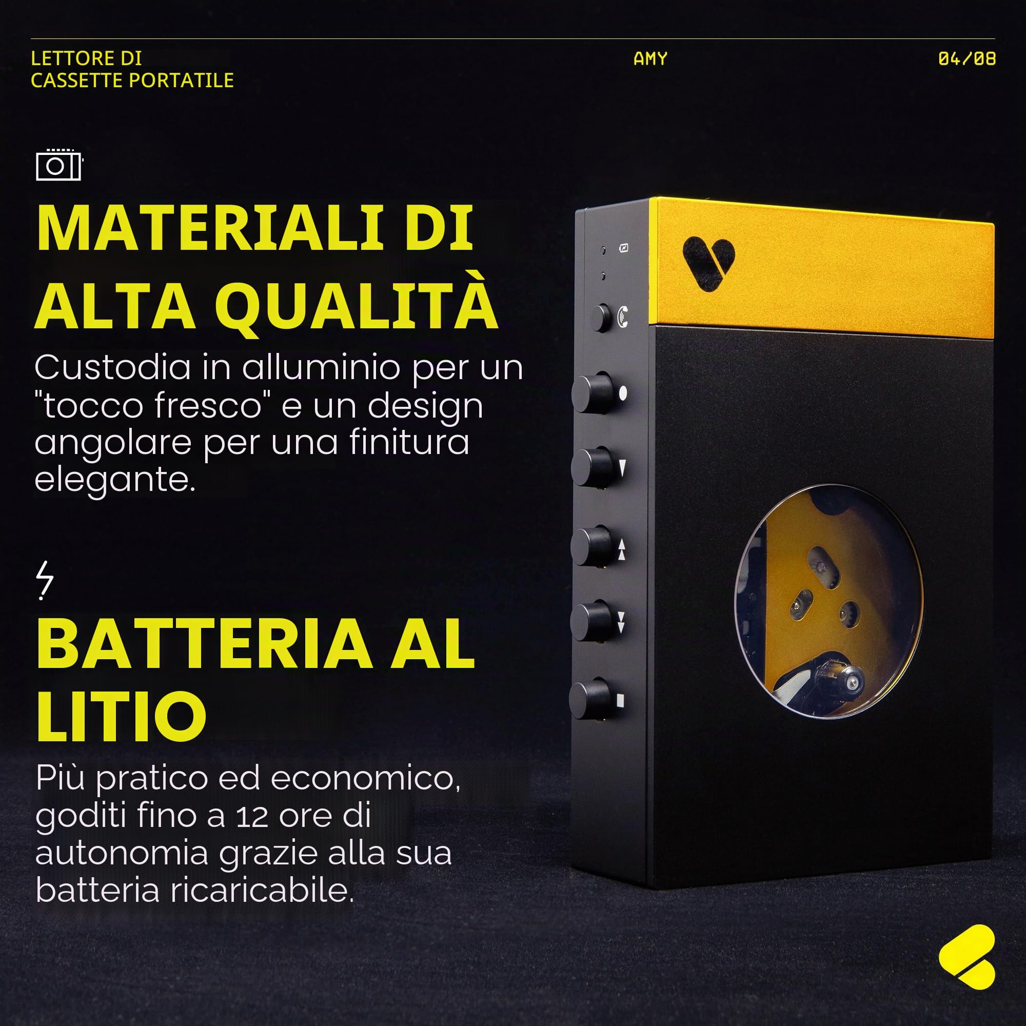 We are Rewind Lettore a cassette portatile Bluetooth, registratore con altoparlante, cuffie, cavo 3,5 mm - Amy Nero & Giallo