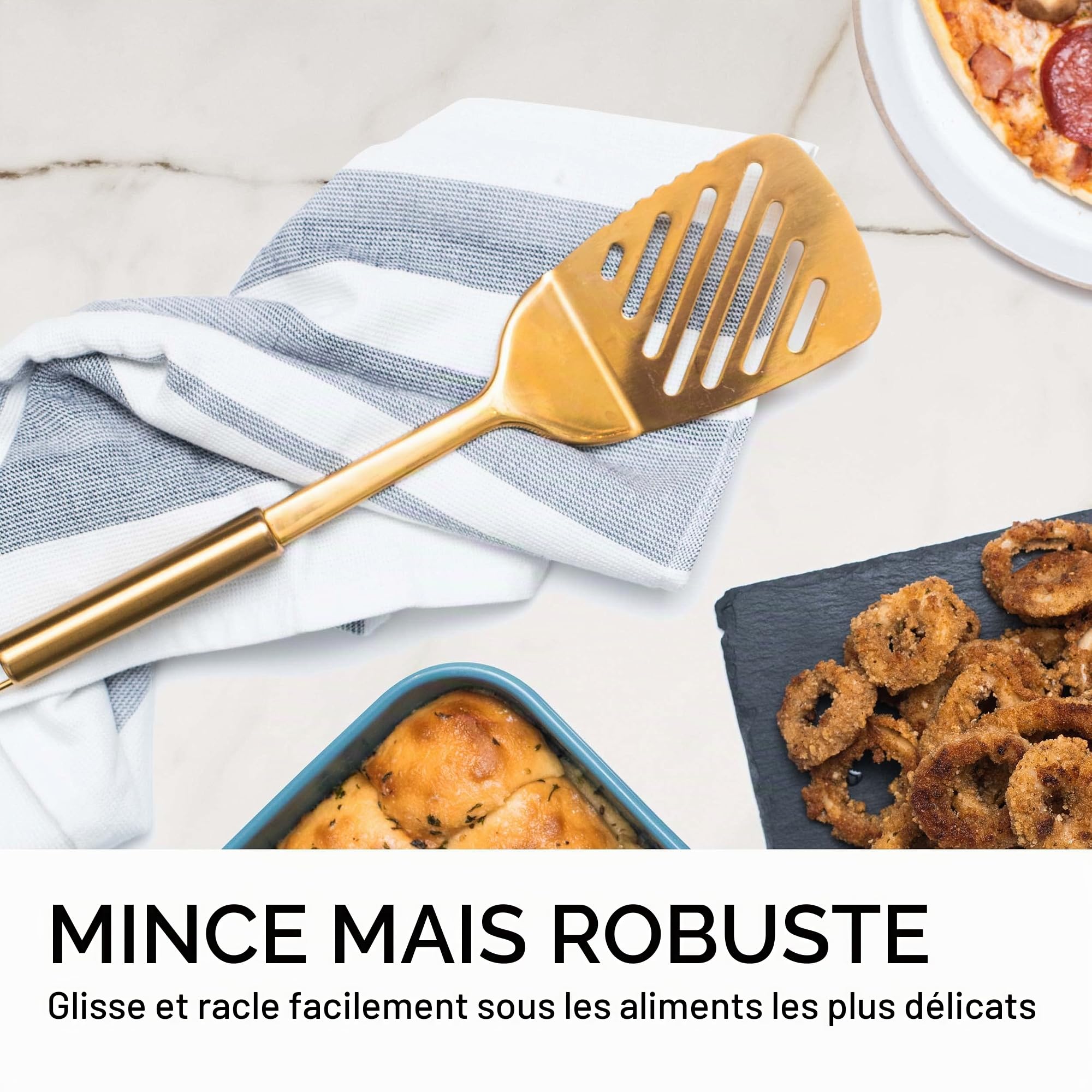 Ensemble d’ustensiles de cuisine dorés – 5 pièces en acier inoxydable pour cuisiner et servir, incluant louche, cuillère, spatule et fourchette à pâtes – Accessoires de cuisine luxe