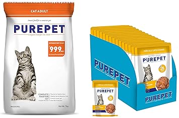PurePet Mackerel Cat Adult,Dry, 7 Kg & All Life Stages Wet Cat Food, Real Tuna and Chicken Liver in Gravy, 15 Pouches (15 x 70g)
