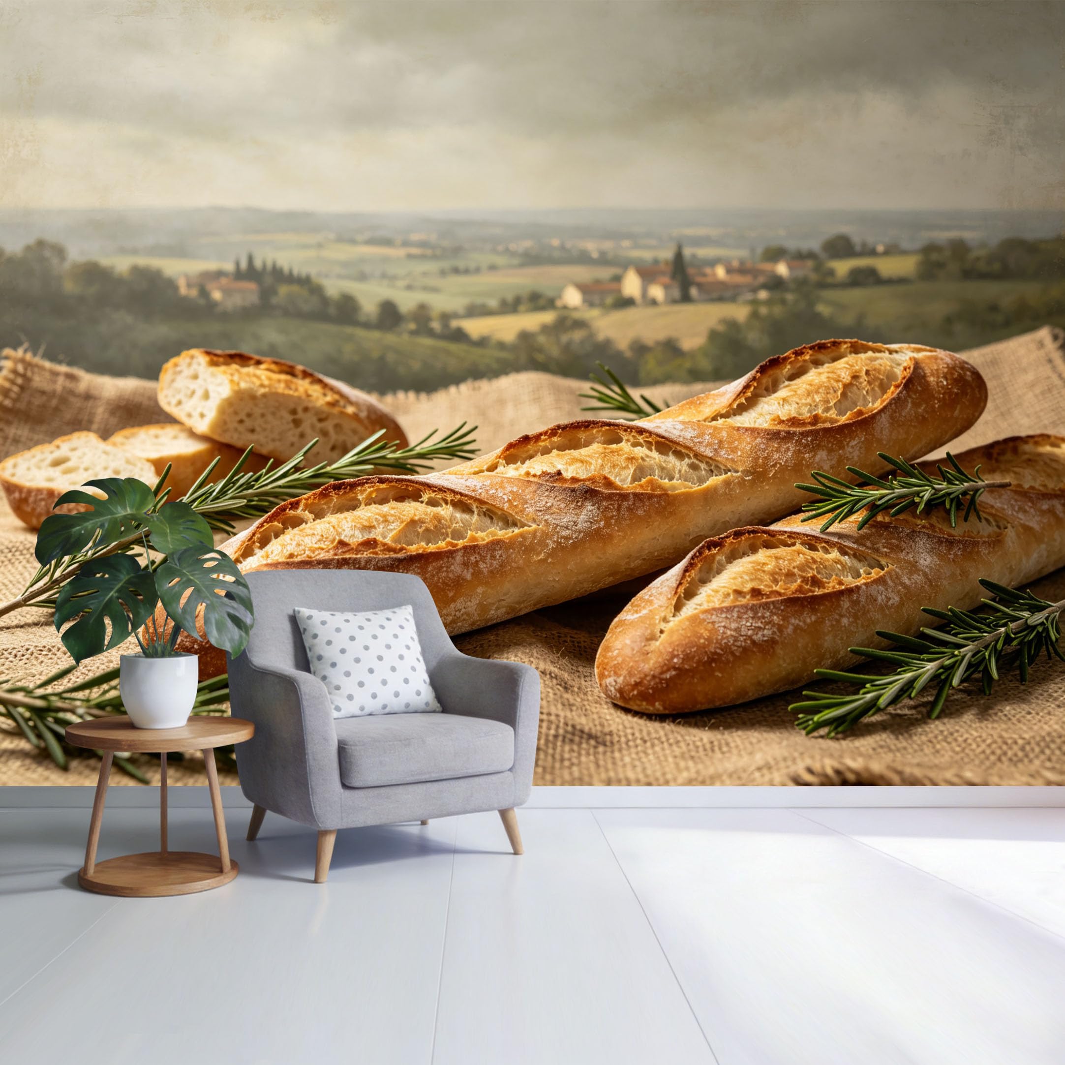 Custom Size Wall Mural Rustic French Baguette Bread Countryside Landscape Farmhouse Style SelfAdhesive Wall Fabric Removable Wallpaper for Home Office Decor