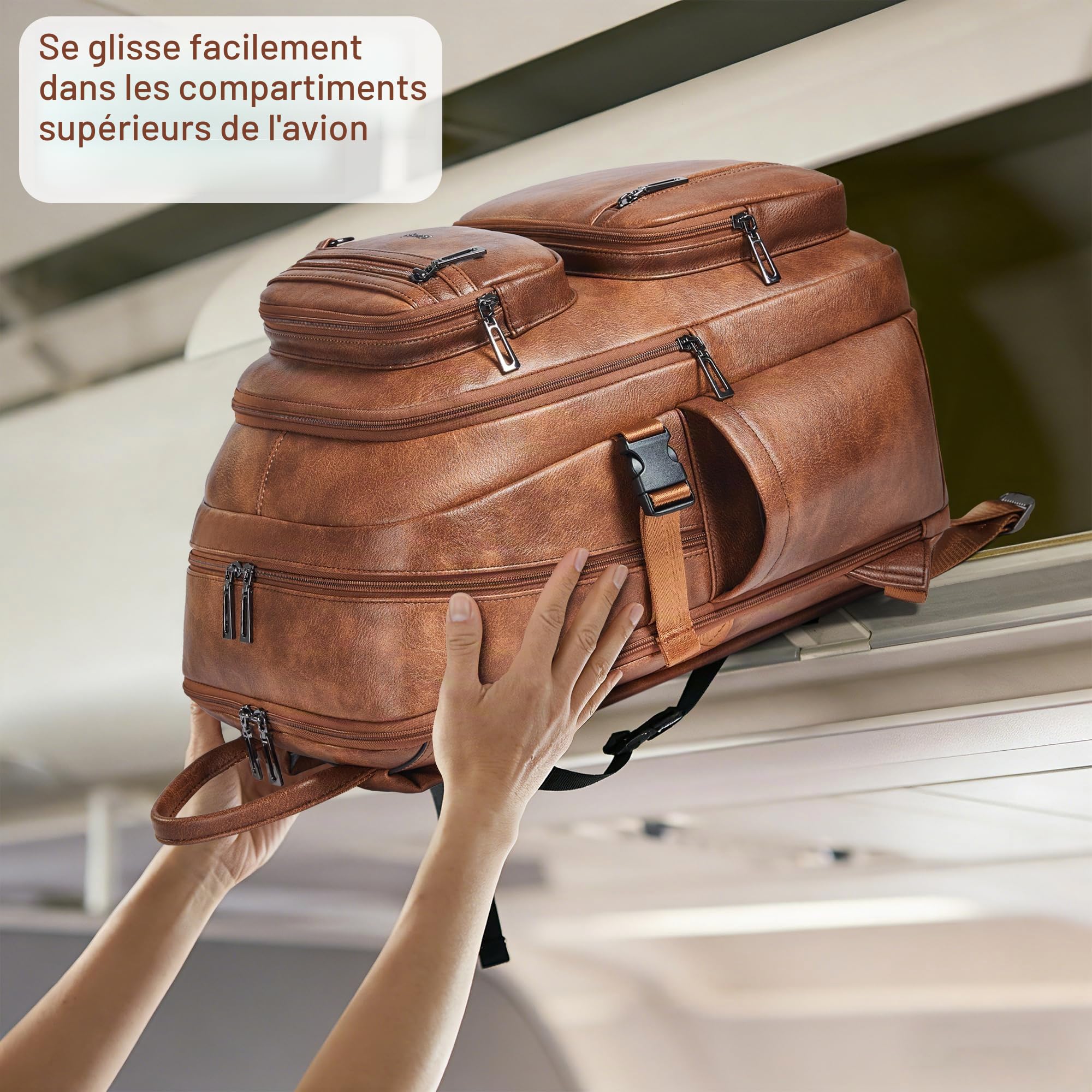 Sac à Dos en Cuir Végan Homme et Femme, Compatible avec Ordinateur 17 Pouces, Sac à Dos de Voyage Cabine avec Sangle Valise, Design Élégant, Brown