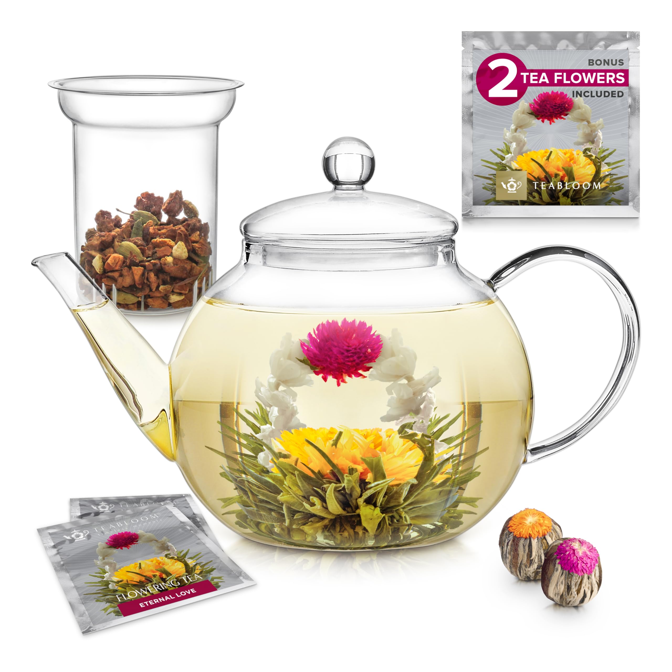 Teabloom Stovetop &amp; Microwave Safe Glass Teapot with Removable Loose Tea Glass Infuser – Includes 2 Blooming Teas – 2-in-1 Tea Kettle and Tea Maker – Tea Purist's Choice