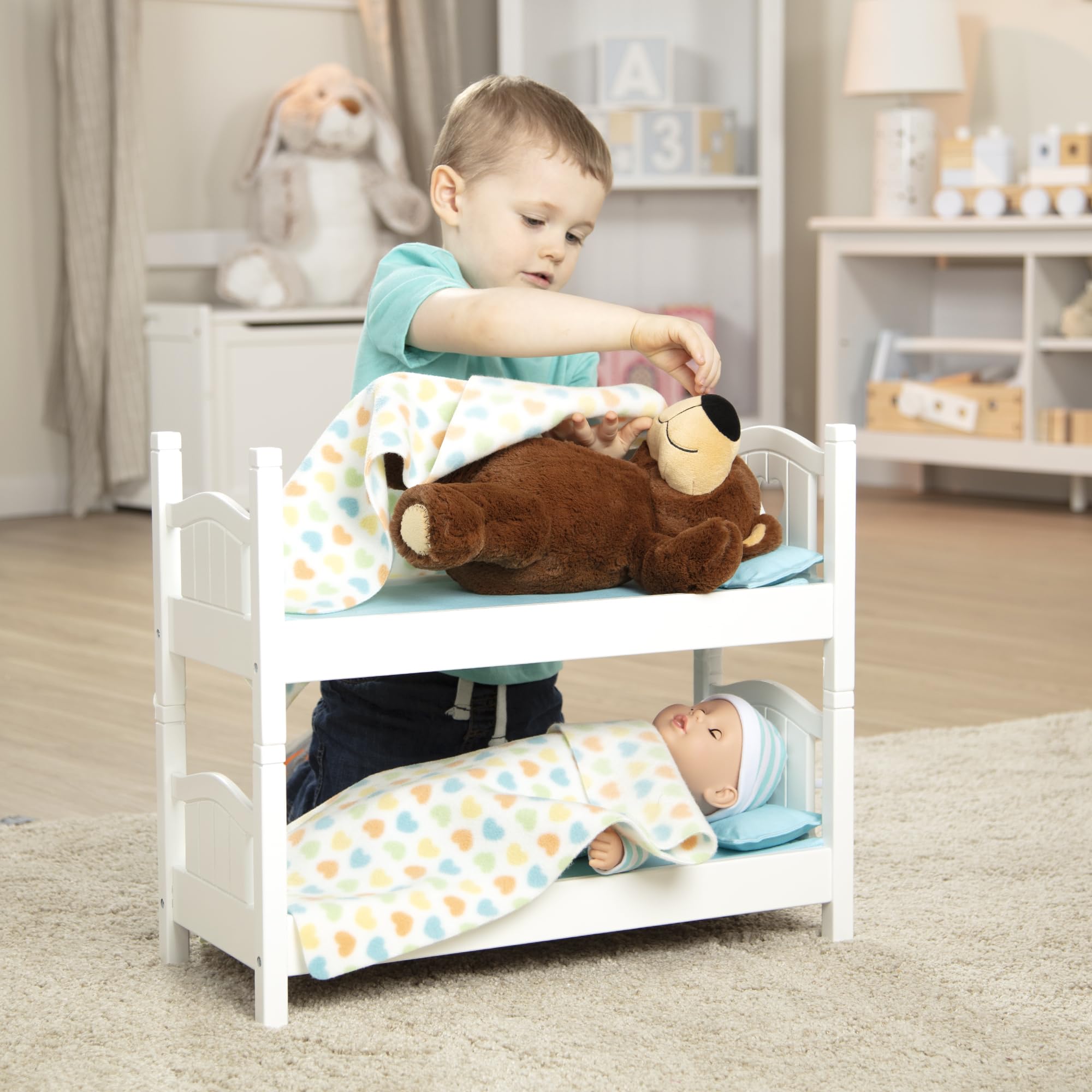 Melissa & Doug Mine to Love Wooden Play Bunk Bed for Dolls up to 18 inches-Stuffed Animals - White (2 Beds, 17.4”H x 9.1”W x 20.7”L Assembled and Stacked)