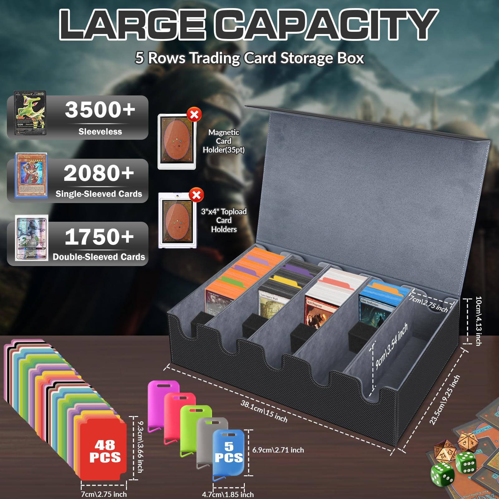 Scatola per Carte per Oltre 3600+ Carte, Scatole per Carte Collezionabili con 48 Divisori Colorato, 5 Blocchi in sSchiuma, 5 Fogli di Plastica, Scatole per Mazzi Magnetici PU per Carte(Nero Grigio)