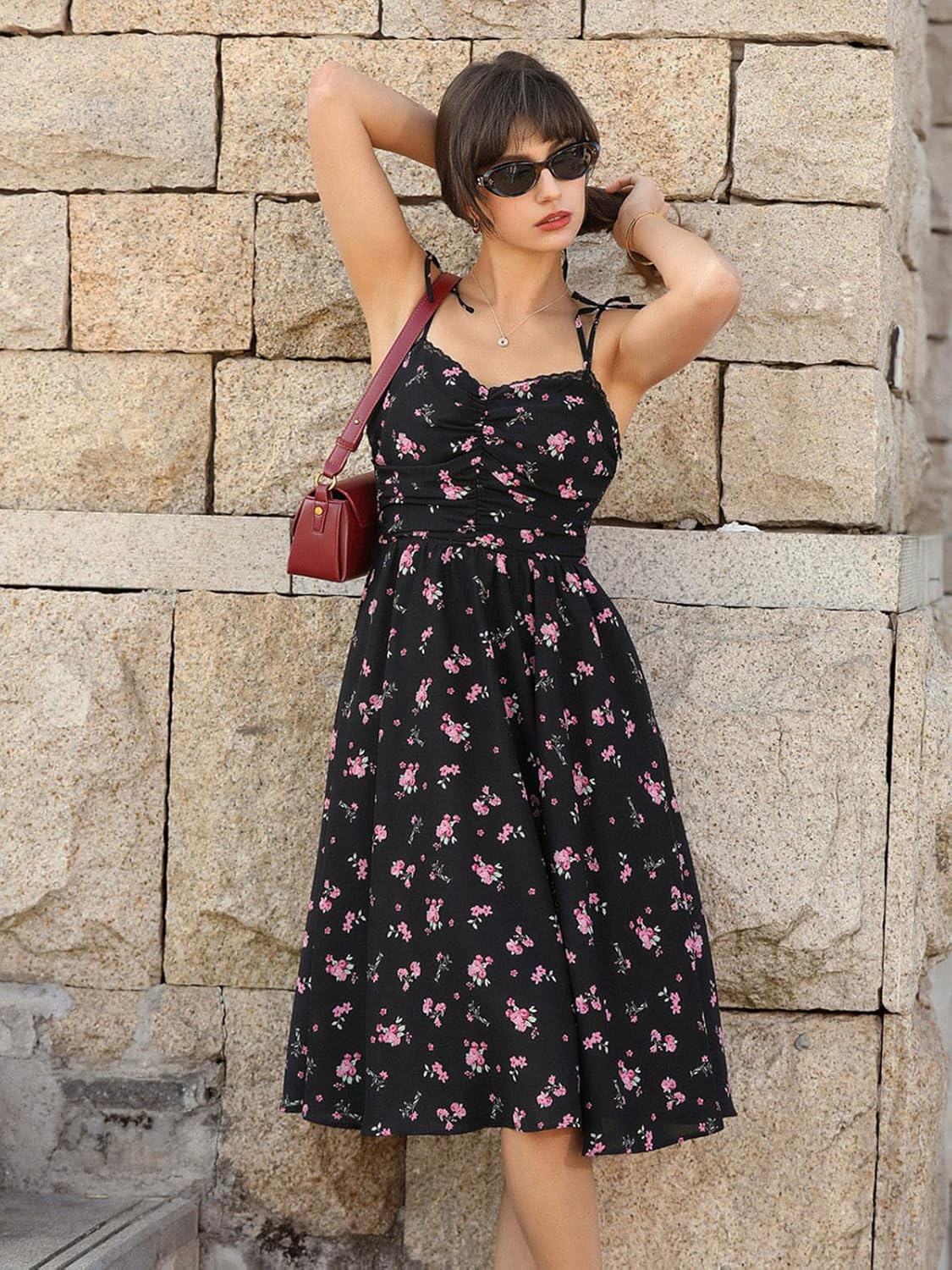 Belle Poque Women Spring Summer Wedding Guest Dress 2026 Floral Midi Tea Party Spaghetti Ruched Sun Dresses - Image 8