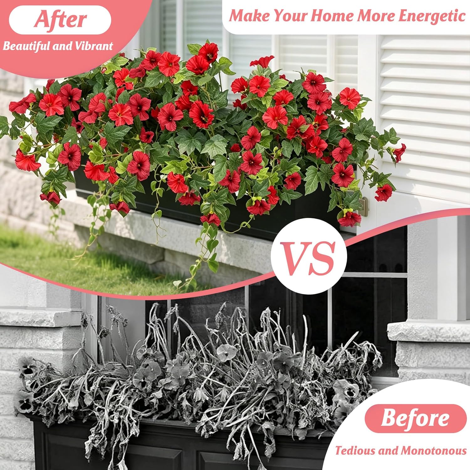 HAIDOLIANG Artificial Fake Flowers Plants for Outdoor Decoration, 2 Bundles Fake Flowers Silk Morning Glory UV Resistant Realistic Faux Flowers for Front Door Porch Patio Yard Window Box (Red)
