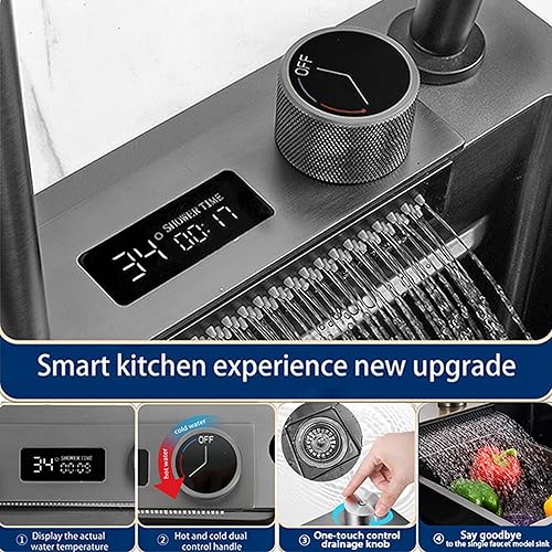 Miniatura 3 de VOYOCUGE Nano 304 fregadero de cocina de acero inoxidable con diseño de cascada, pantalla digital y accesorios (color gris pistola) (29.5 x 18 x 8.7