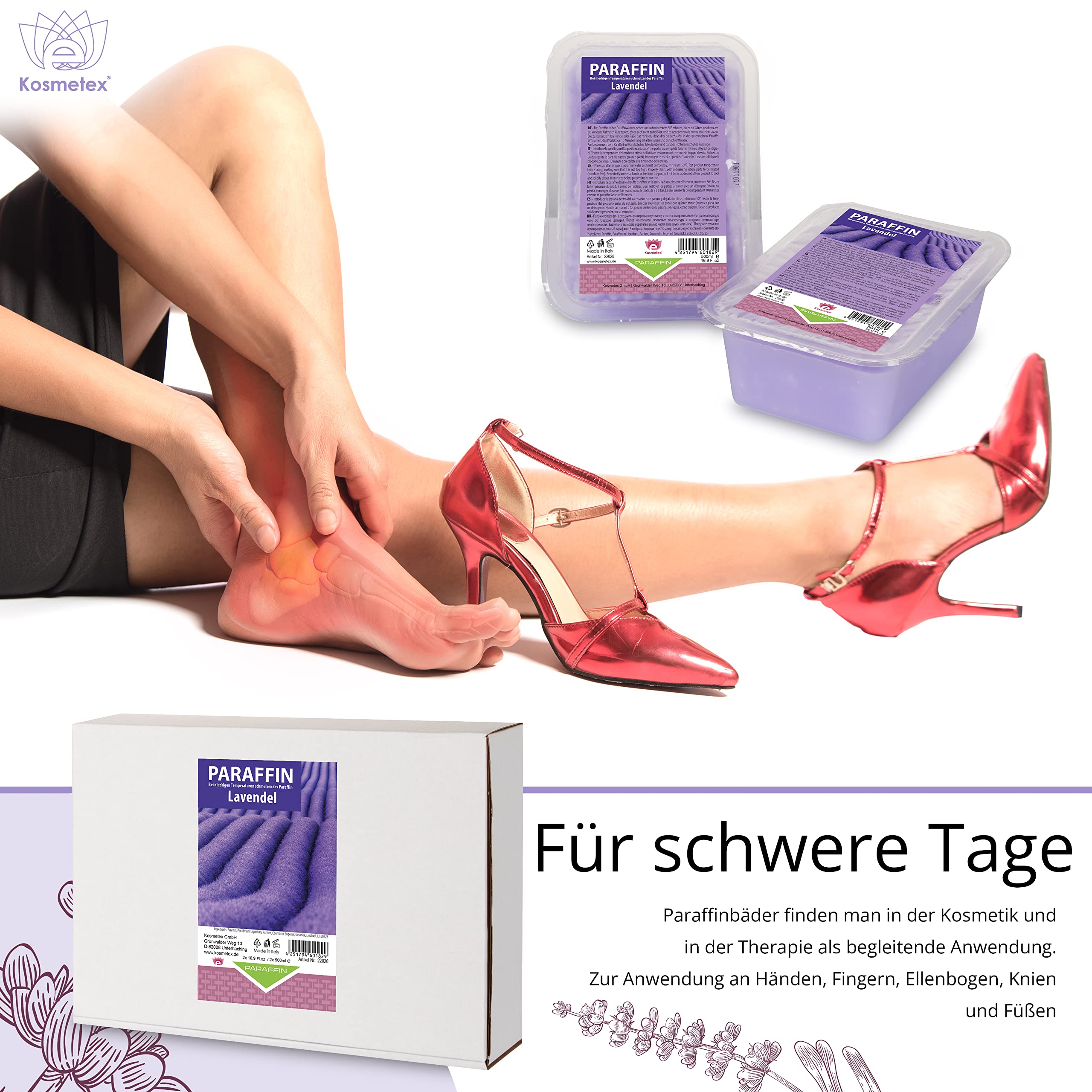 Kosmetex Wellness-Paraffinbad Lavender Lavendel – Paraffin-Entspannungsbad für Hände und Füße – Paraffinwachs – Paraffin-Block für Wachserwärmer (4x 500ml)