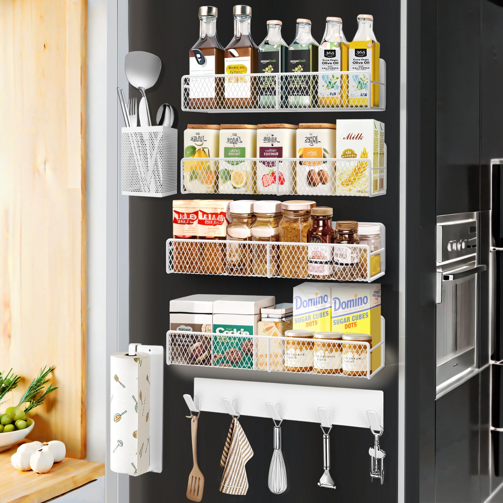 Magnetic Spice Rack for Refrigerator, 7 Pack Metal Magnetic Shelf White , Moveable Spice Organizer with Hook Rack, Paper Towel Holder, Kitchenware Holder, Strong Magnetic Storage Fridge Organizer