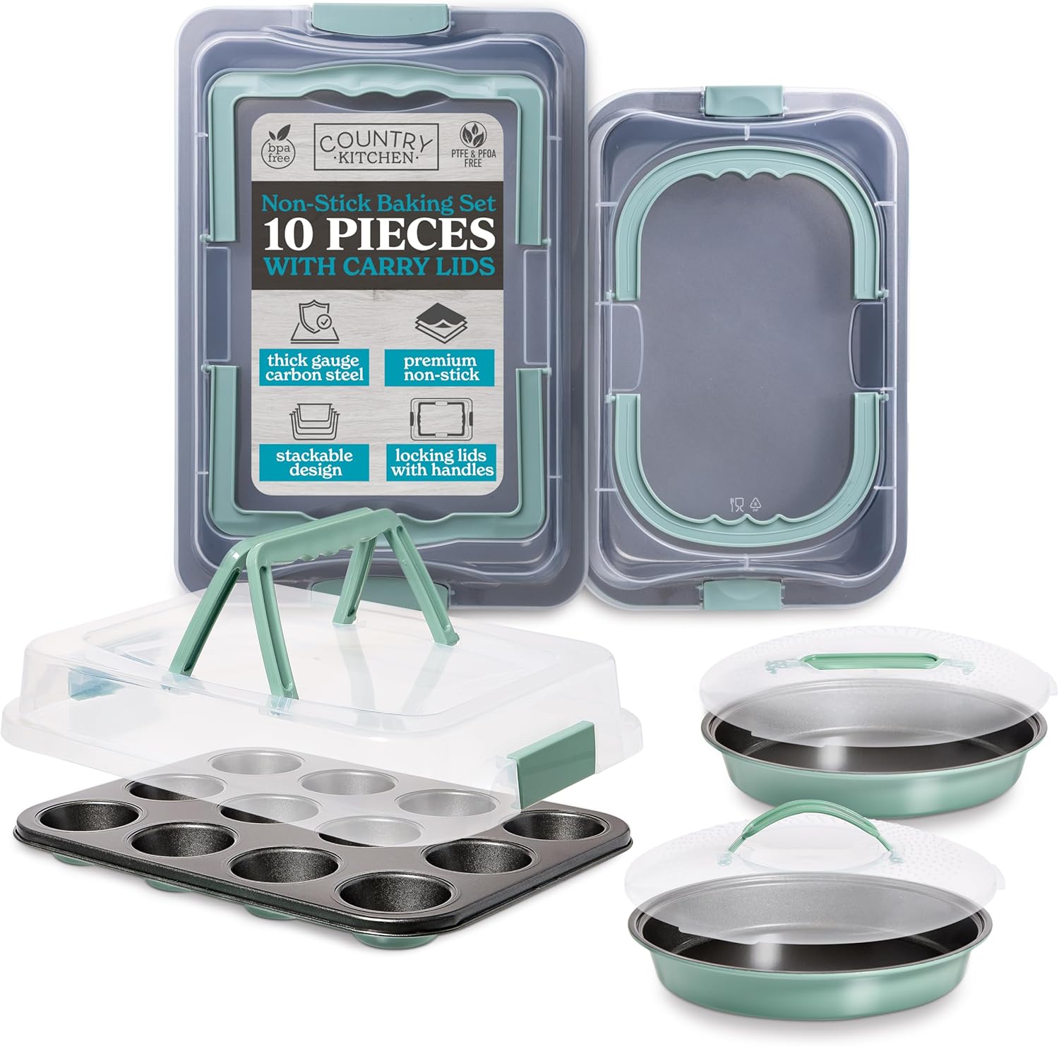 Country Kitchen Baking Pans Set - 10 Piece Non-Stick Cake Pans with Carry Lids for Easy Storage & Travel, Perfect for Parties - Stackable, Sage