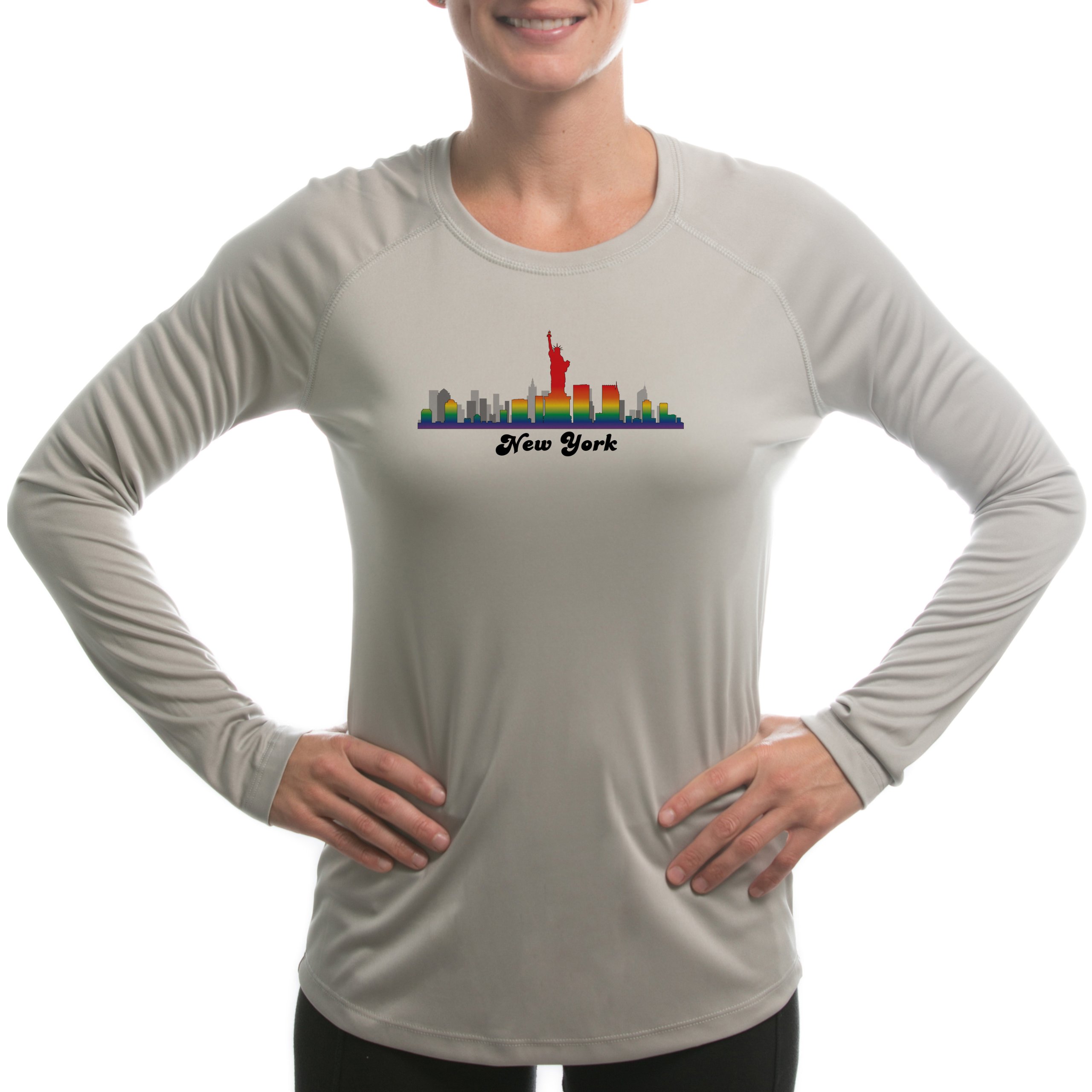 Split Time Women's New York Rainbow Pride UPF 50+ Long Sleeve T-Shirt Large Athletic Grey