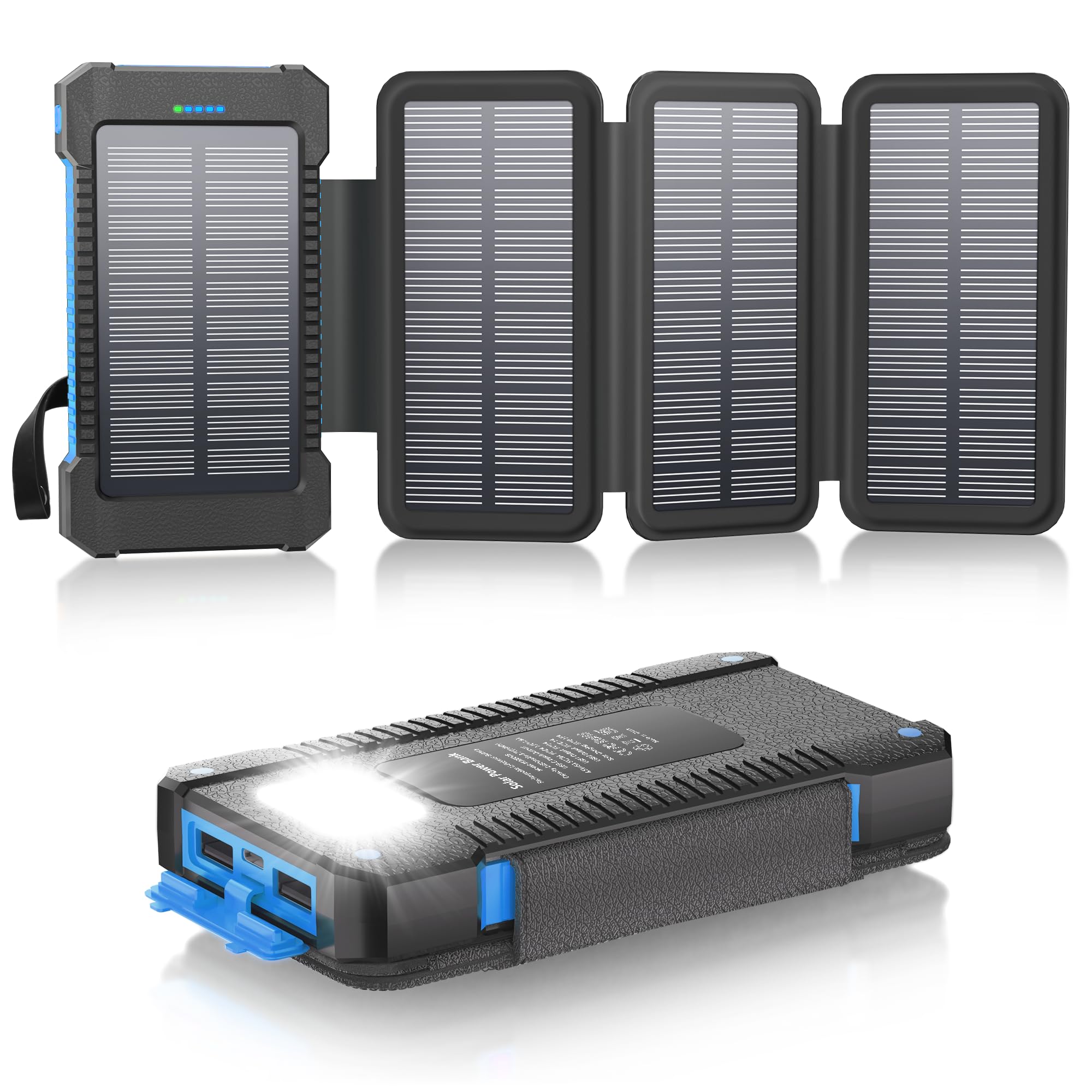 Chargeur Solaire 26800 mAh avec 4 Panneaux Solaires, Batterie Externe Solaire étanche avec Charge Rapide USB-C 18W pour Téléphones Portables, Tablettes, Ordinateurs. (Bleu)