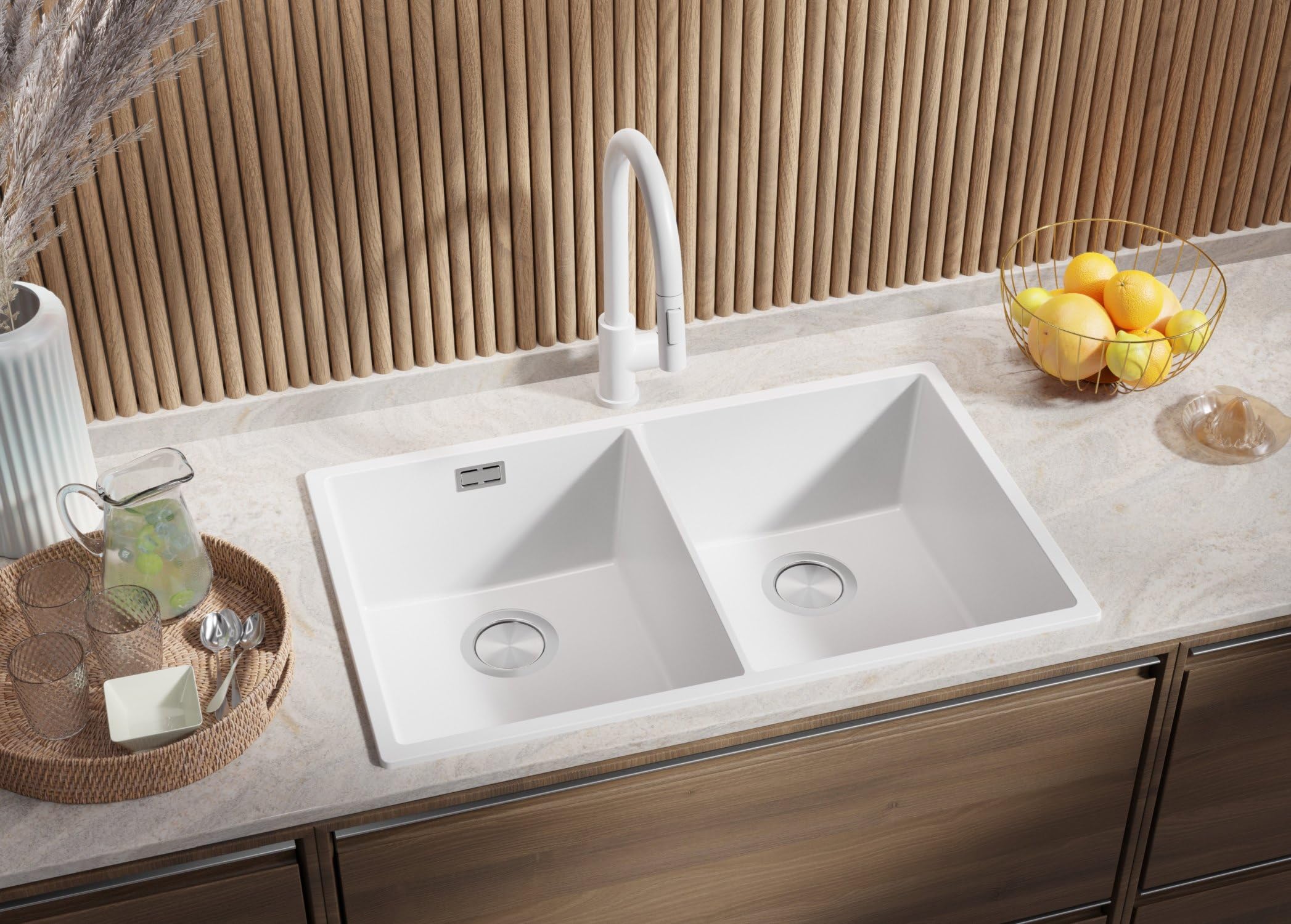 PRIMAGRAN Fregadero Cocina Blanco - London Twin Slim, 76x47cm | Granito 2 Senos + Set de accesorios, sobre Encimera al Mueble 80cm (S036)