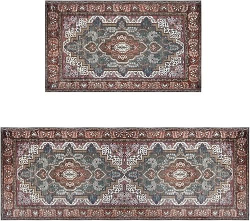 Chester Moroccan Area Rug Boho Kitchen Mats Sets of 2 Large Door Rugs Non Slip Decor Bohemian Mat Retro Fuzzy handwash Pads 47x17 in