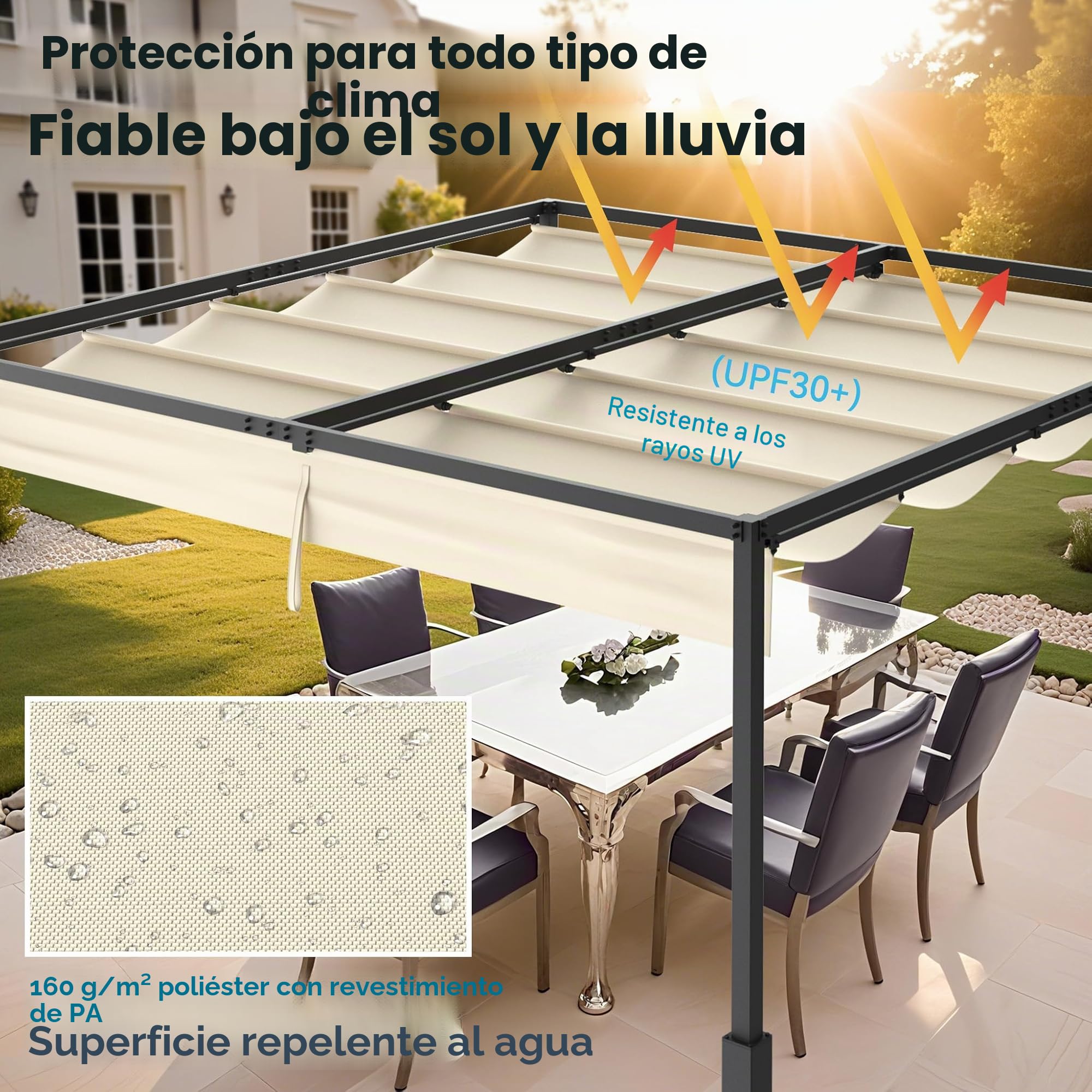 UISEBRT Pérgola metálica de 3 x 3 m, impermeable, estable, resistente al invierno, pabellón con techo de lamas, cubierta independiente con techo corredizo, protección solar para jardines y terrazas