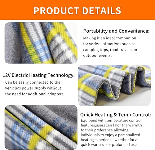 Miniatura 11 de Amazingforless - Manta de forro polar calefactable de 12 V con controlador para temporizador y niveles de calor, manta eléctrica a cuadros para Azul