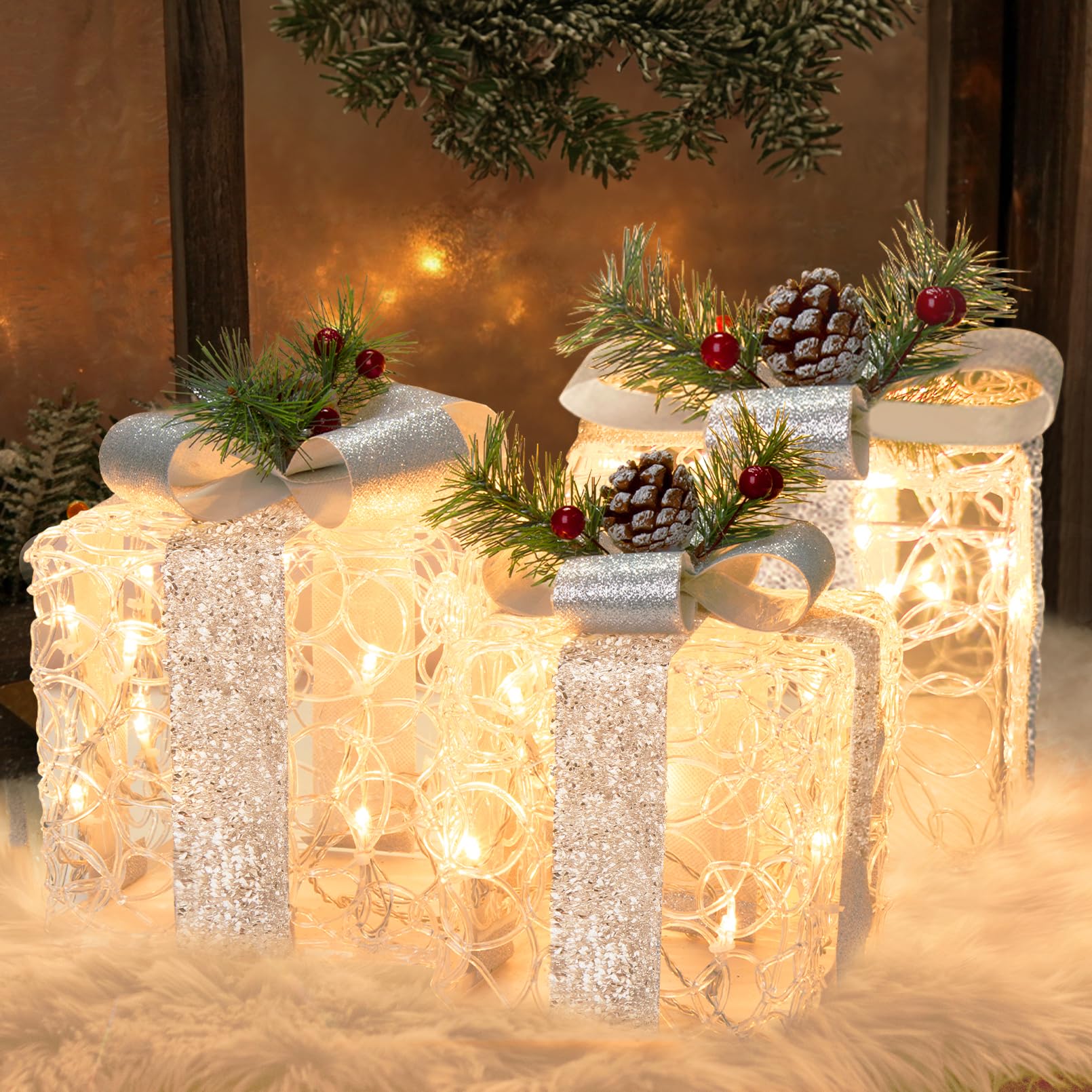 Lot de 3 boîtes de décoration de Noël LED blanches en acrylique pour l'intérieur et l'extérieur au sapin de Noël