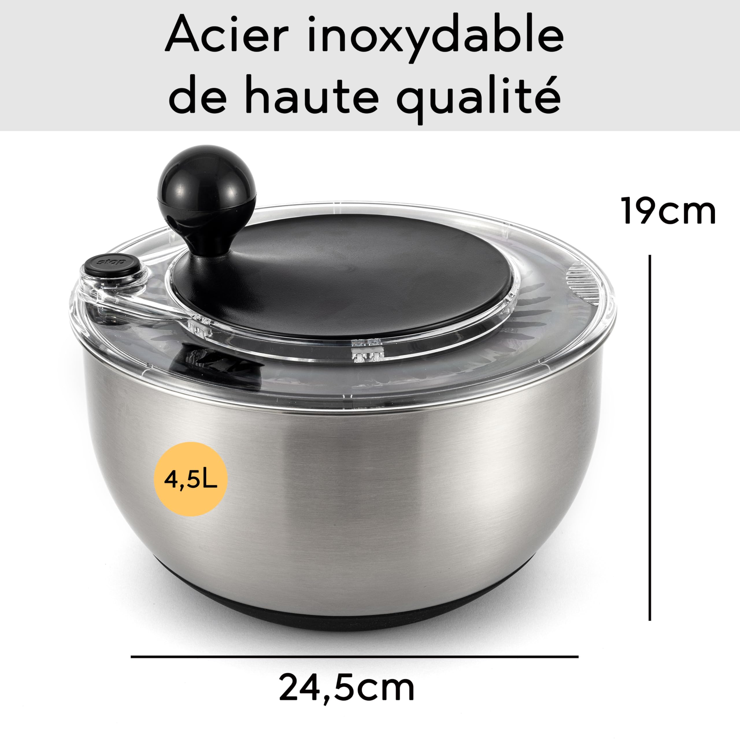 Hanseküche Essoreuse à Salade INOX Professionnelle – Saladier 3-en-1 pour Essorer, Servir et Conserver, Grande Capacité 4,5L, sans BPA, Compatible Lave-Vaisselle, Ø 24,5 x 19 cm