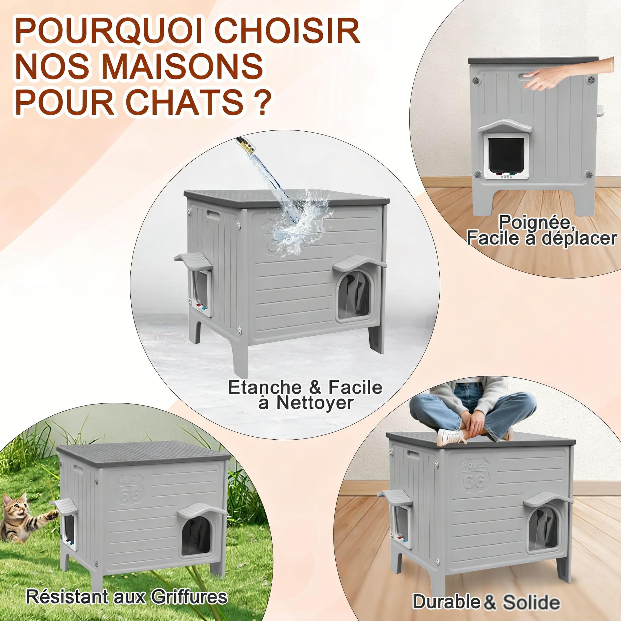 HiCaptain Maison pour chat d'extérieur résistante à l'hiver Chats en plastique sauvage Maison pour chat d'extérieur Abri pour chiot pour petits animaux de compagnie moyens Parc pour animaux de