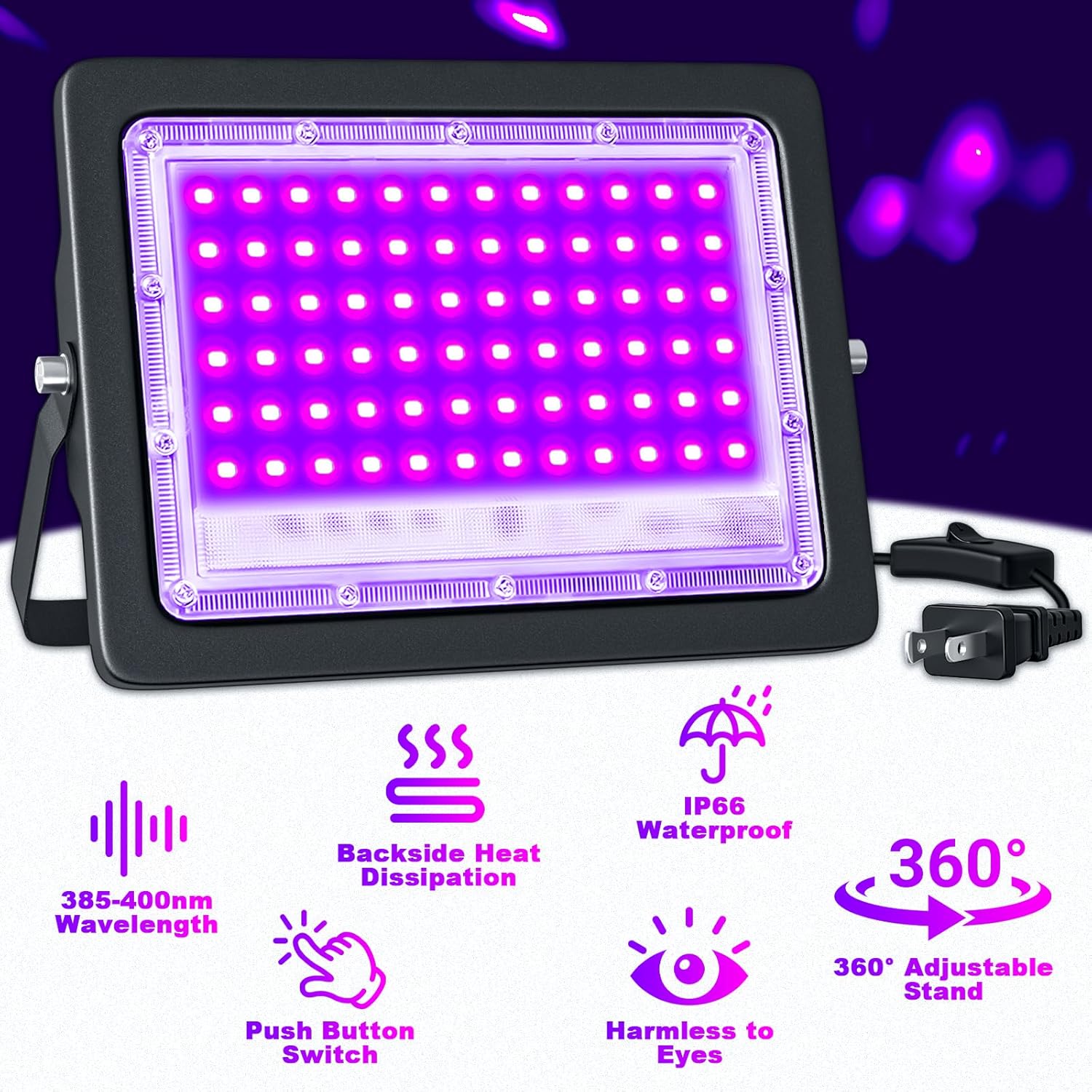 2 Pack 100W Black Lights, Blacklight Flood Light with Plug and Switch, LED Black Light for Glow Party, Glow in The Dark, Halloween Light, Body Paint, Fluorescent Poster