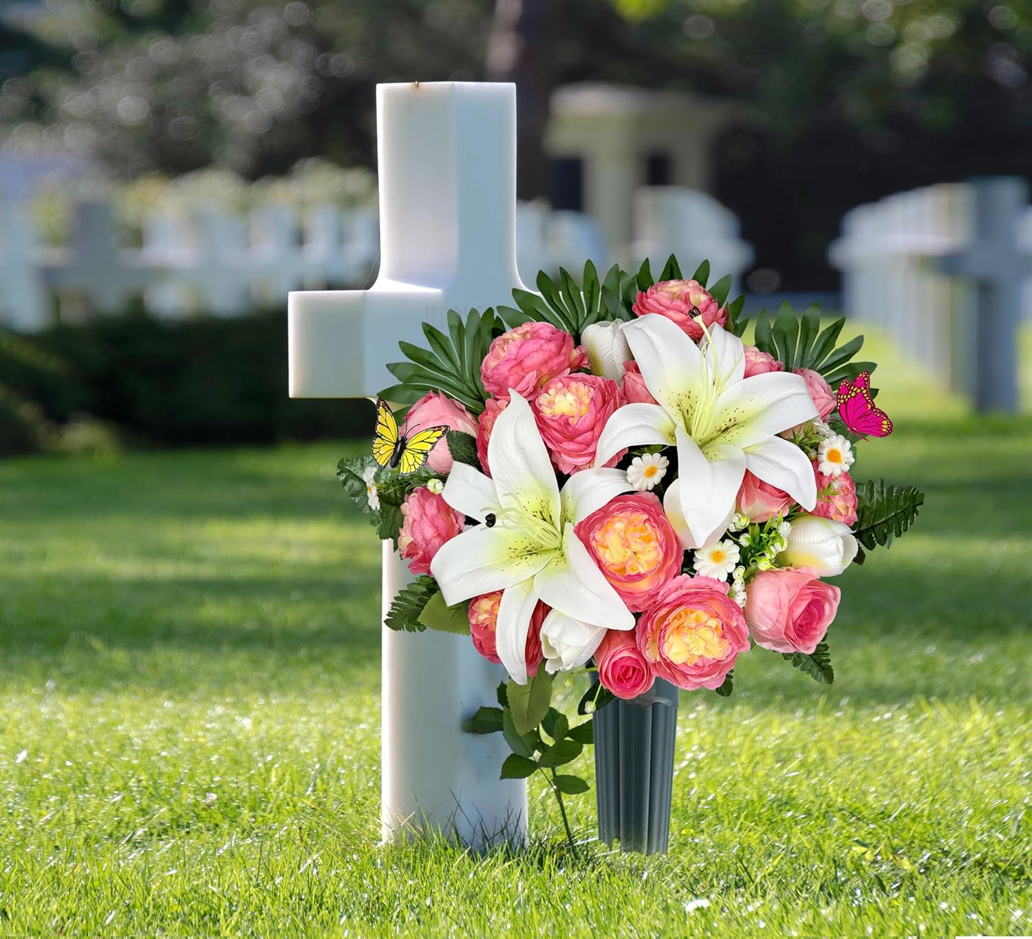 MUVIC Artificial Cemetery Flowers for Outdoor Grave Decorations，Memorial Flower- Realistic Lily Rose Daisy - Sympathy Bouquet
