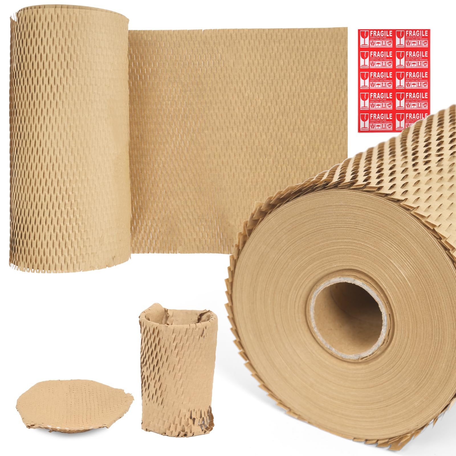 FXKS Brown Honeycomb Packing Paper 2 Rolls, 38cm x 100 m, 100 Fragile Labels
