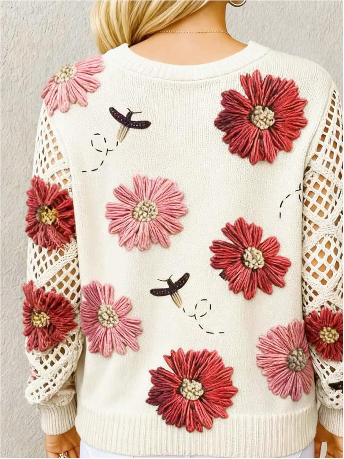WDIRARA Women's Floral Sweaters V Neck Hollow Out Long Sleeve Pullover Knit Tops - Image 2
