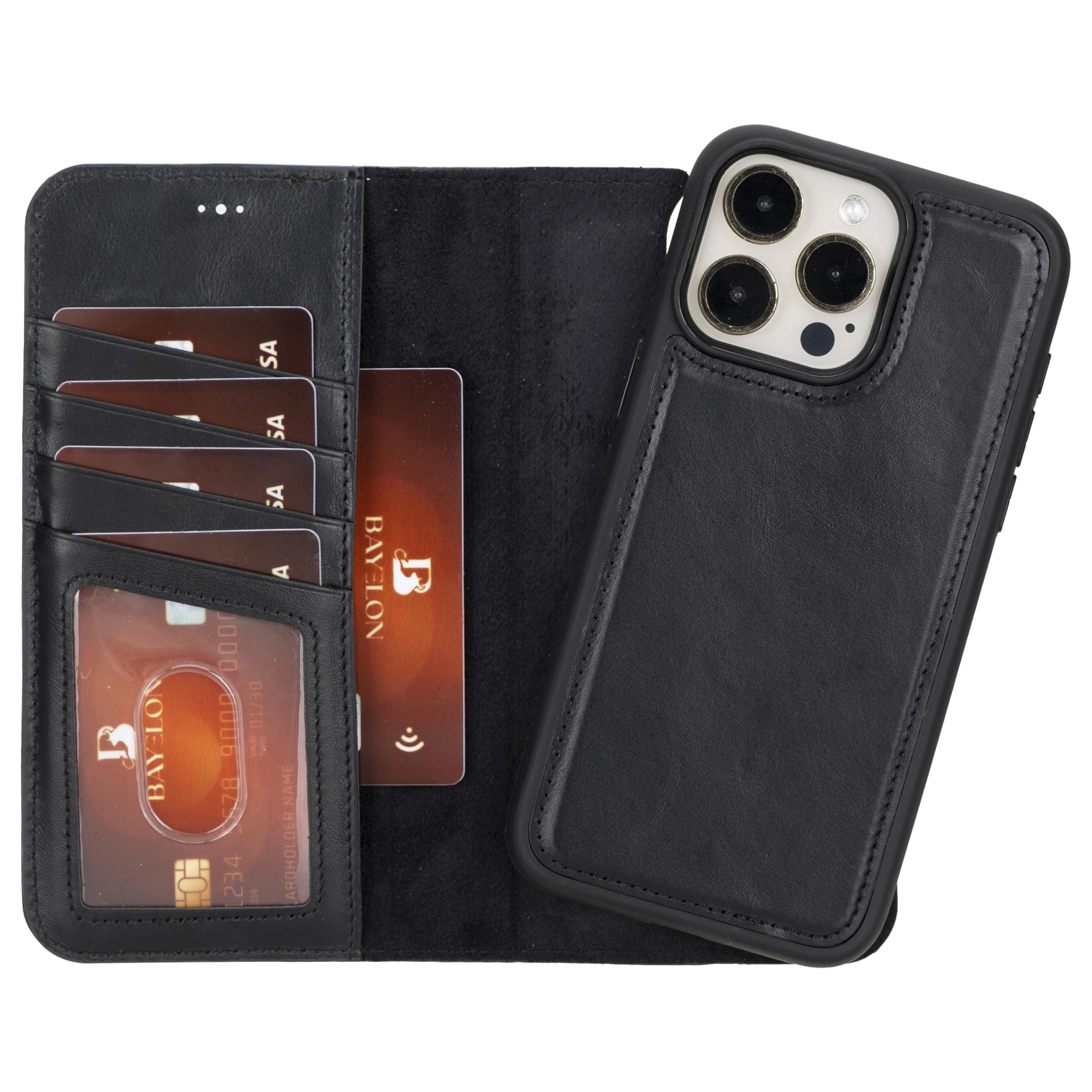 Bayelon Wallet Case for iPhone 15 Pro Max, Full Grain Leather Wallet, Detachable Magnetic Flip Cover, Card Holder, iPhone 15 Pro Max Wallet Case, MagSafe Compatible, RFID Blocking (Rustic Black)
