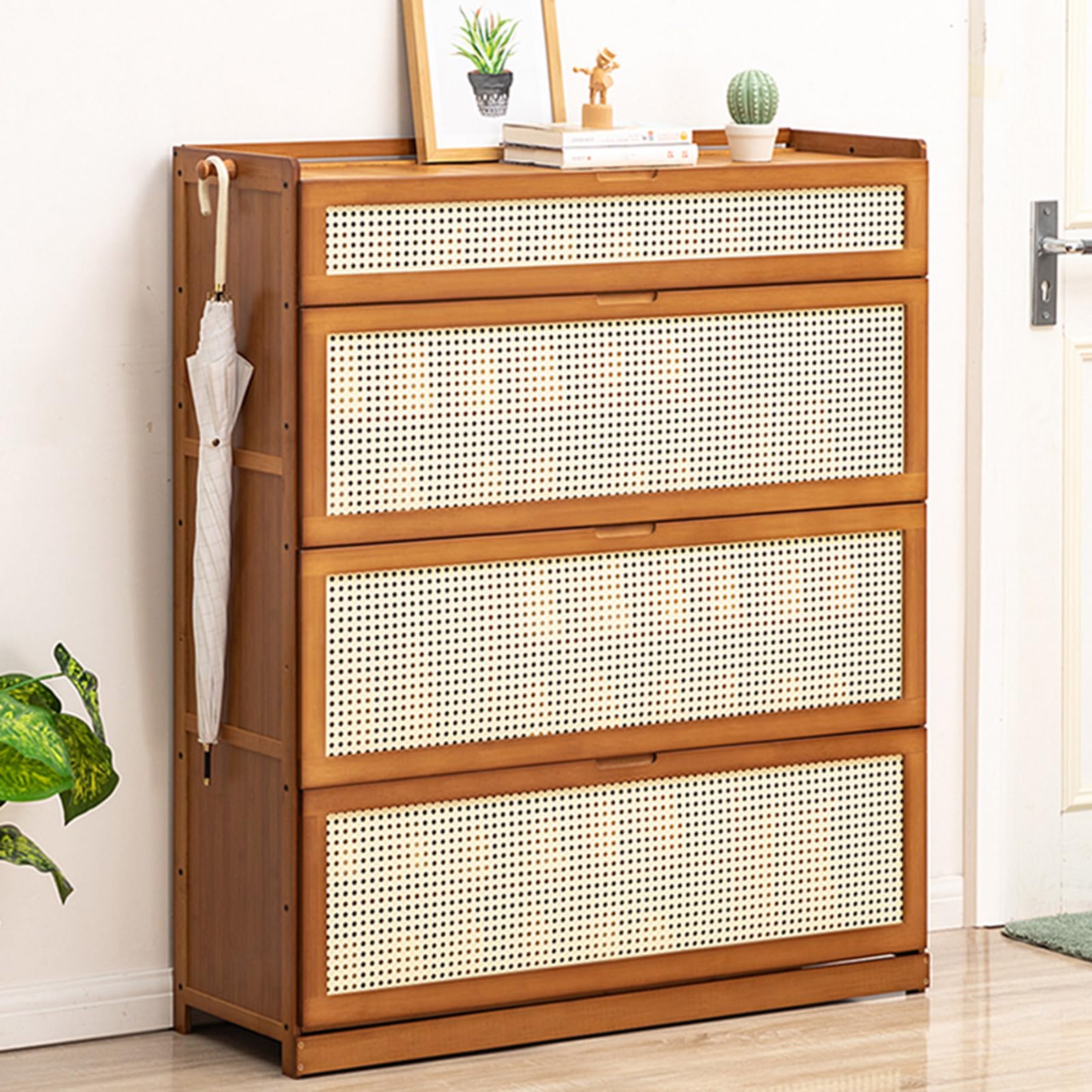 Genérico Mueble Zapatero de Bambú con Puertas Abatibles, Armario Zapatero Organizador con 2 Ganchos, Organizador de Zapatospara Pasillo Sala de Estar, Dormitorio, Ancho 33cm (100×33×115cm)