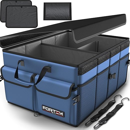 FORTEM Trunk Organizer For SUV Car Trunk Organizer, Foldable Storage, Car Accessories for Women Men, Collapsible Multi Compartment, 600D Oxford, Non Slip Bottom, Securing Straps, Soft Cover (50L)