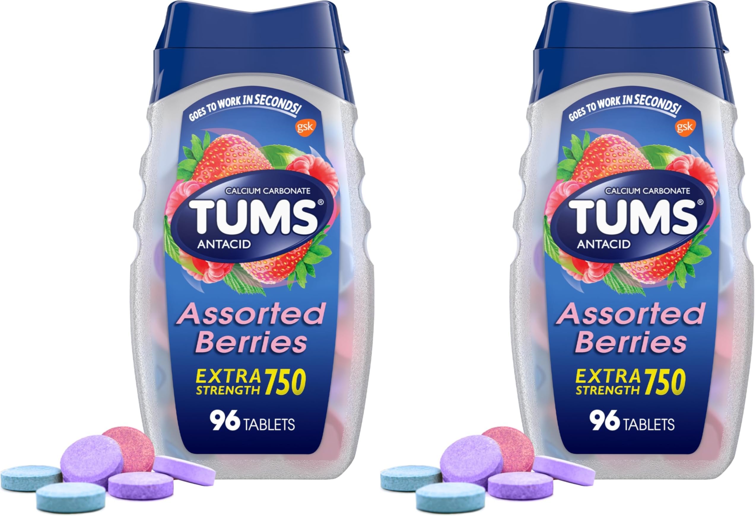TUMS Extra Strength Assorted Berries Antacid Tablets for Heartburn Relief, 96 Count (Pack of 2)