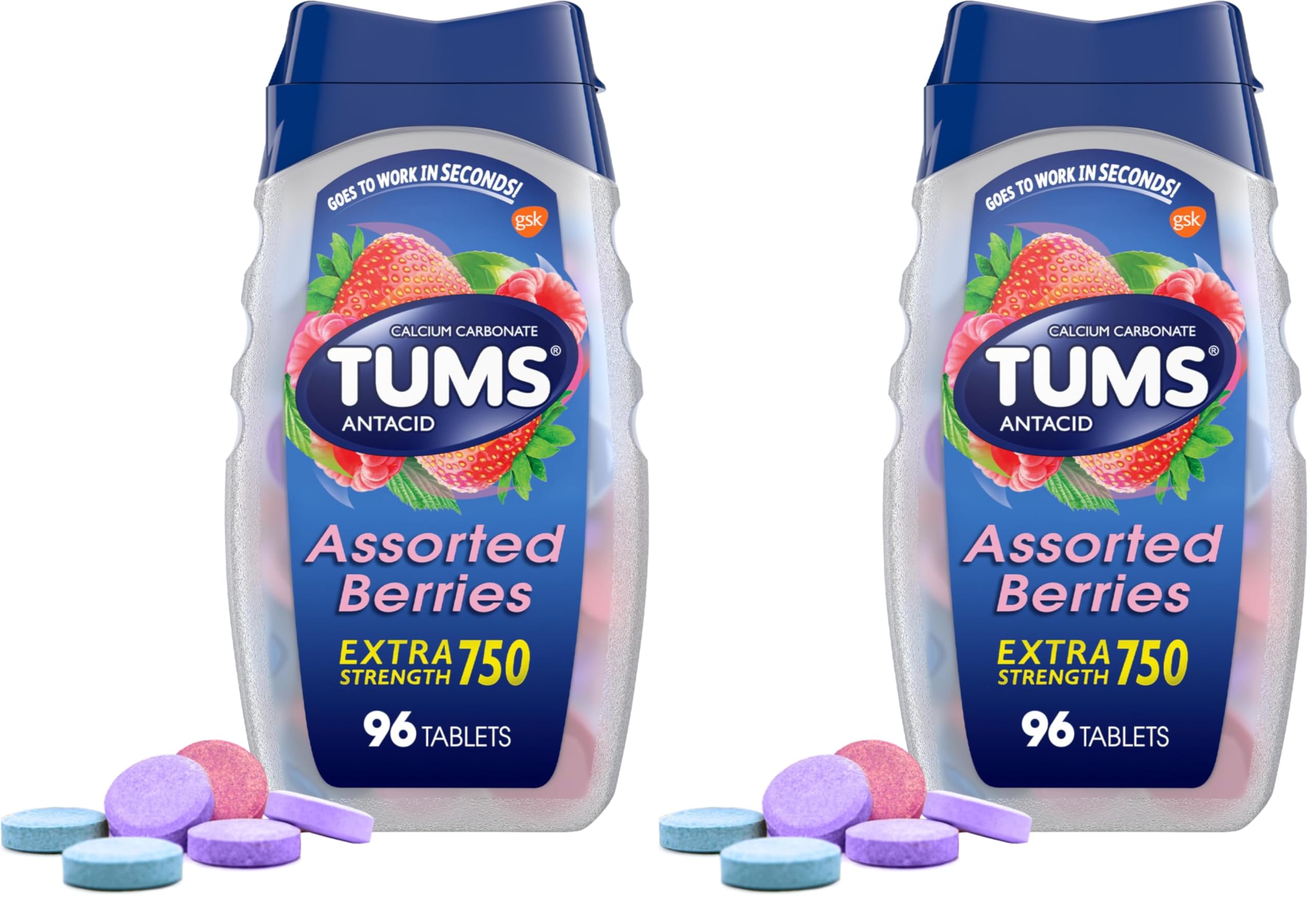 TUMS Extra Strength Assorted Berries Antacid Tablets for Heartburn Relief, 96 Count (Pack of 2)